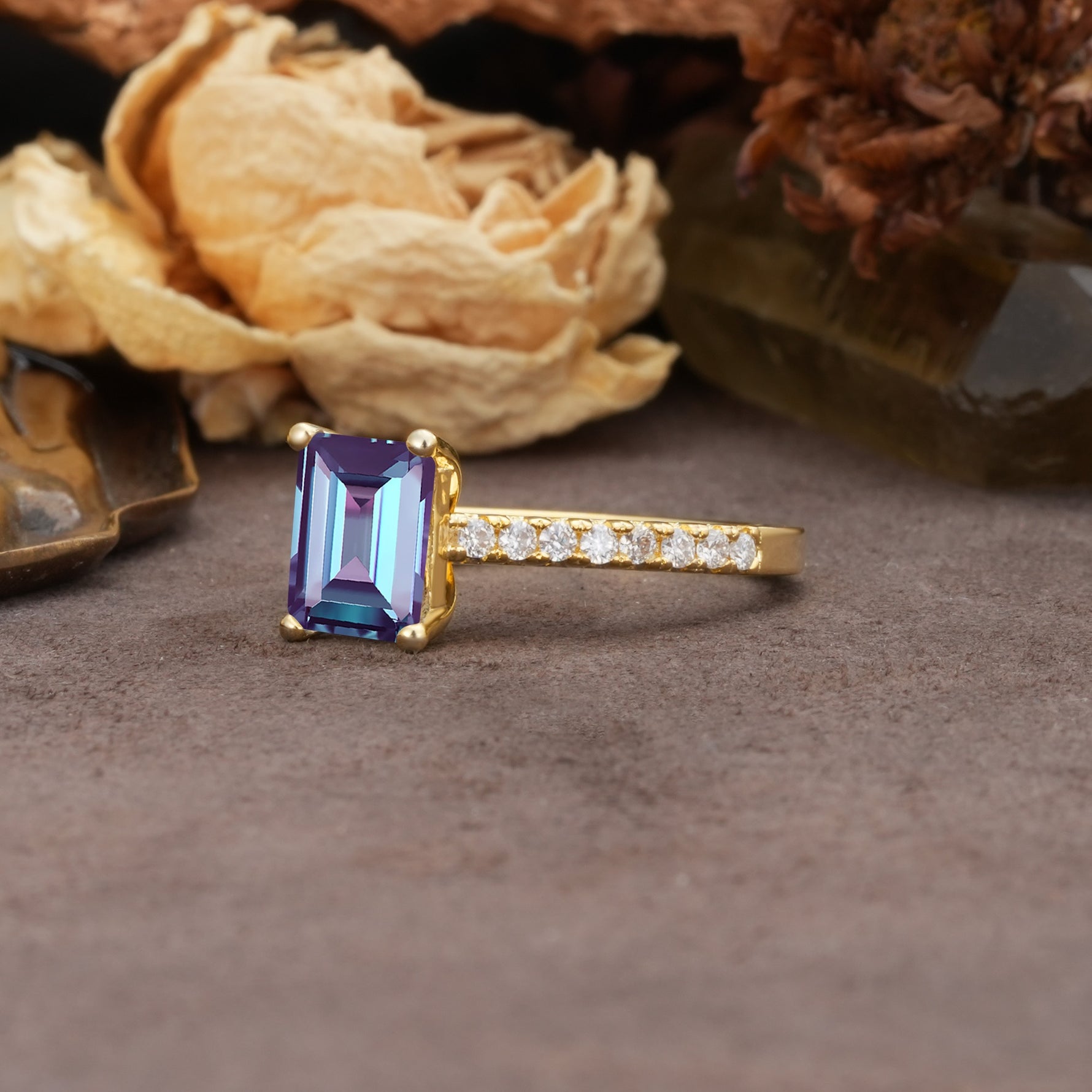 Unique, Minimalist 4-Prong Emerald Cut Alexandrite Engagement Ring - Additional view