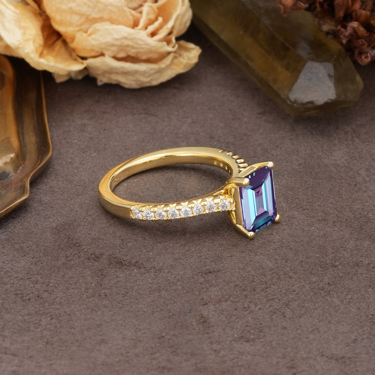 Unique, Minimalist 4-Prong Emerald Cut Alexandrite Engagement Ring - Additional view