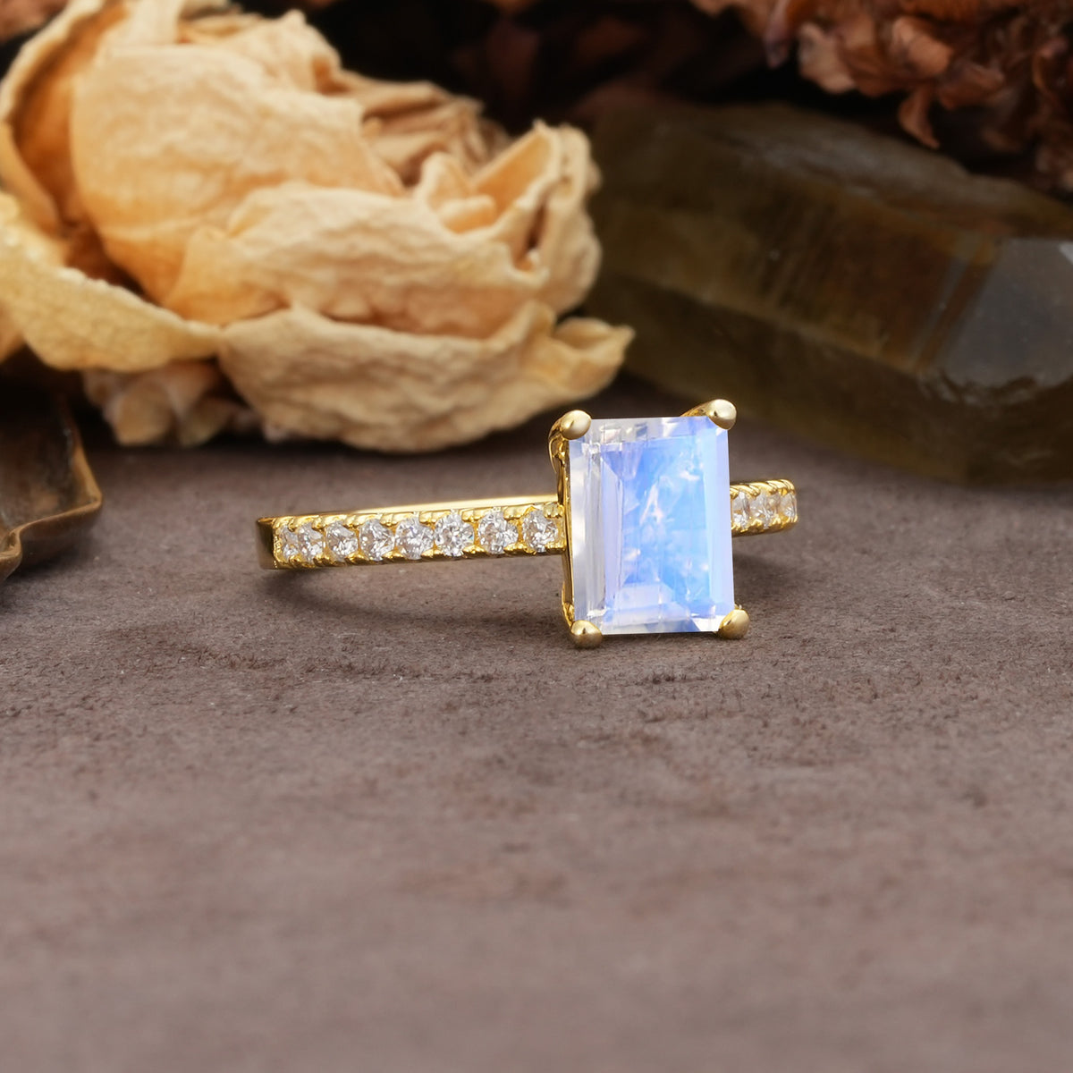 Unique, Minimalist 4-Prong Emerald Cut Moonstone Engagement Ring - Additional view