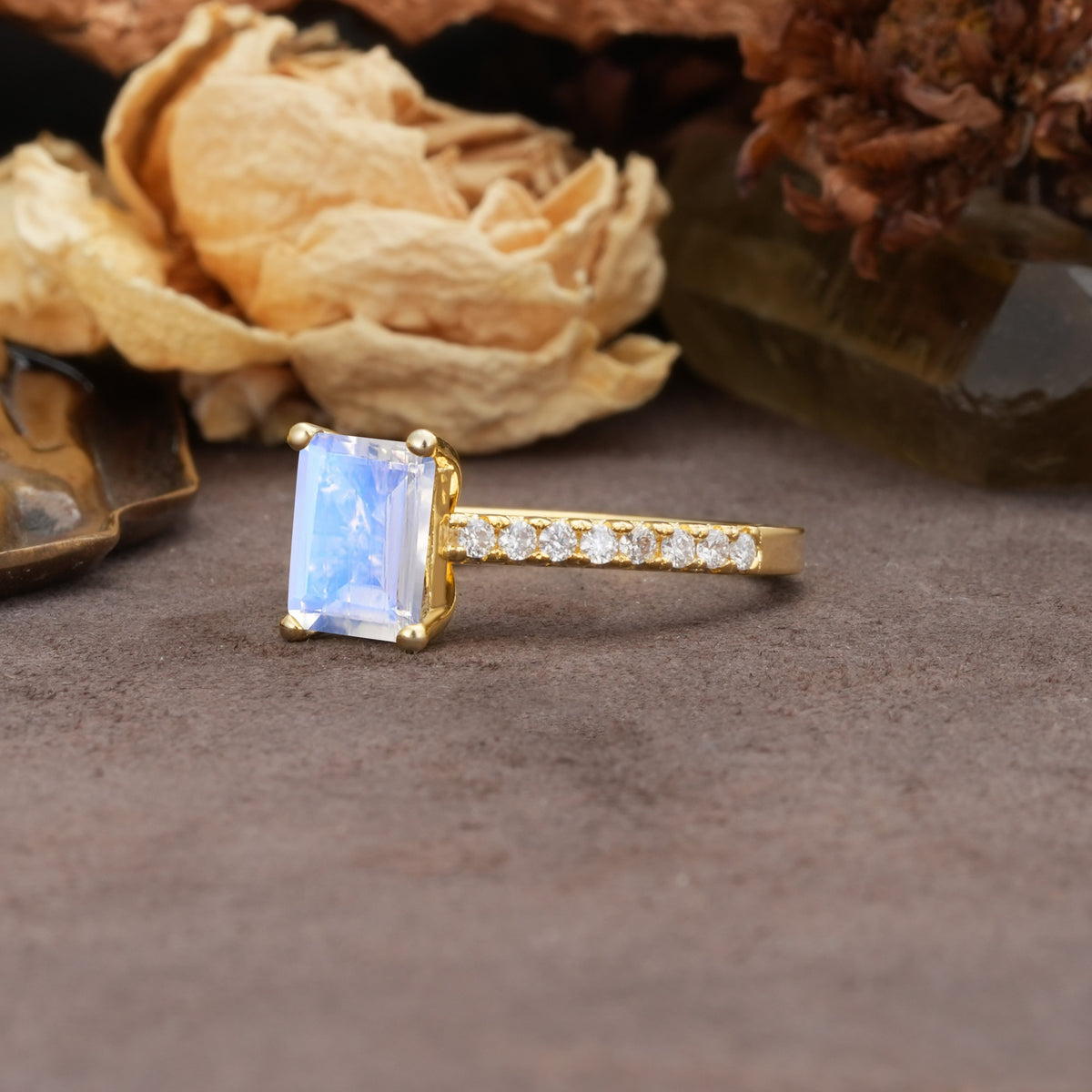 Unique, Minimalist 4-Prong Emerald Cut Moonstone Engagement Ring - Additional view