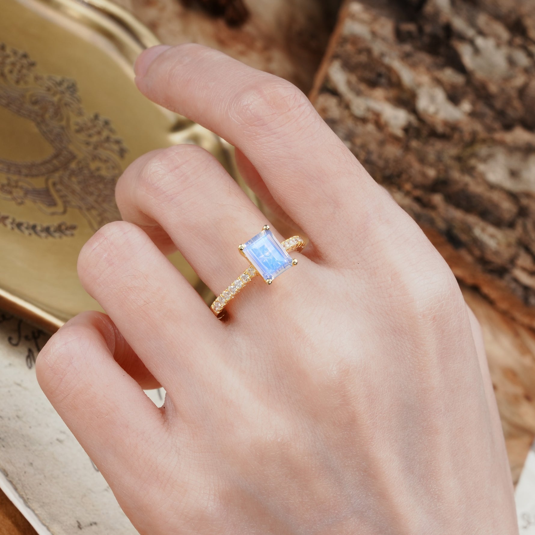 Unique, Minimalist 4-Prong Emerald Cut Moonstone Engagement Ring - Additional view