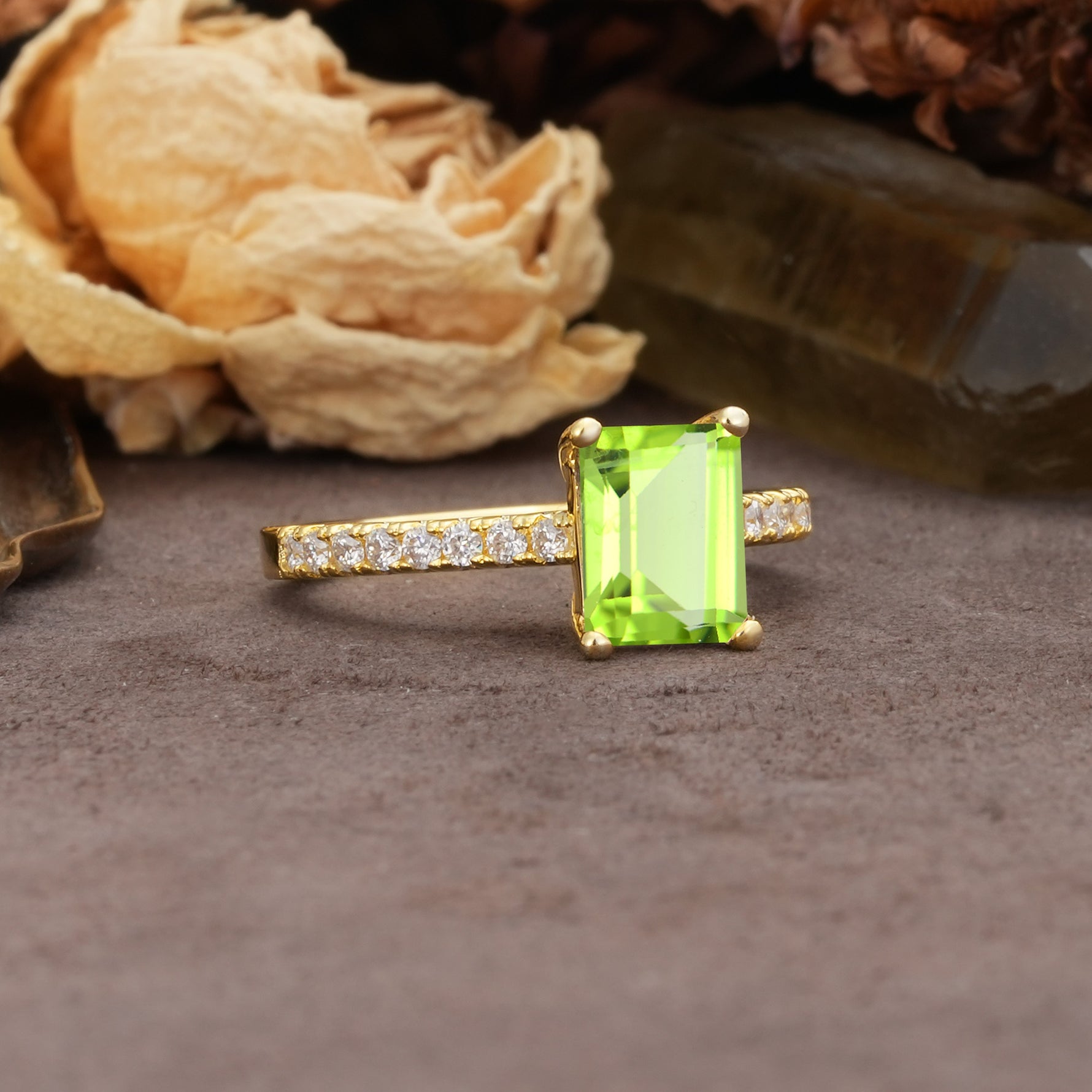 Unique, Minimalist 4-Prong Emerald Cut Peridot Engagement Ring - Additional view