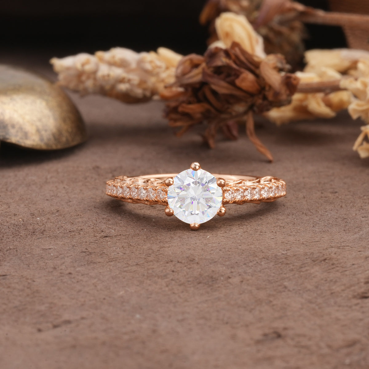 Minimalist Pavé 6-Prong Round Cut Moissanite Engagement Ring - Additional view