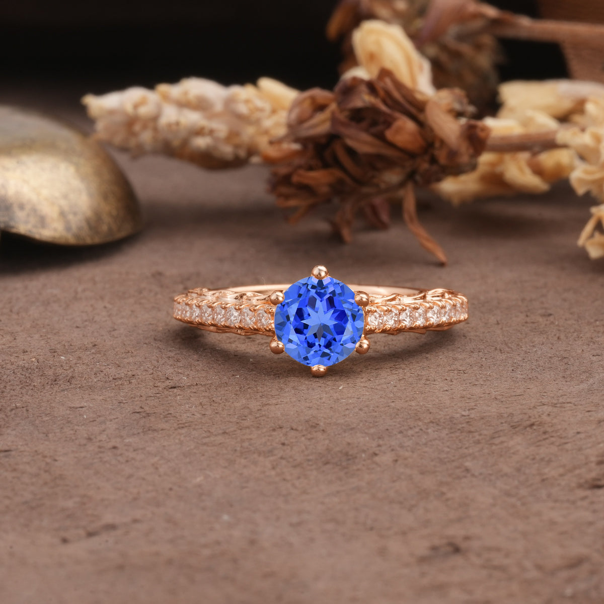 Minimalist Pavé 6-Prong Round Cut Sapphire Engagement Ring - Additional view