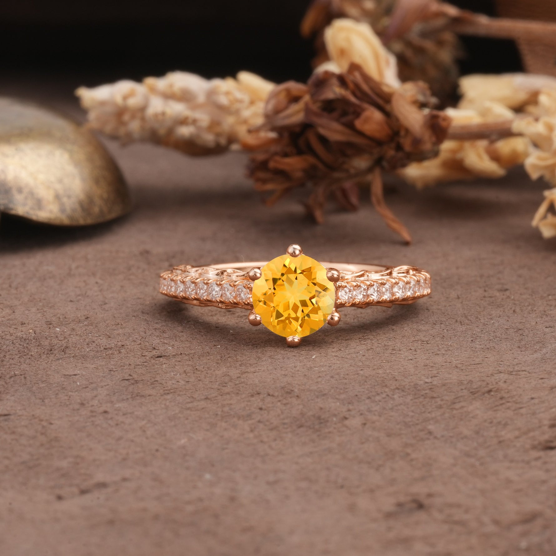 Minimalist Pavé 6-Prong Round Cut Citrine Engagement Ring - Additional view