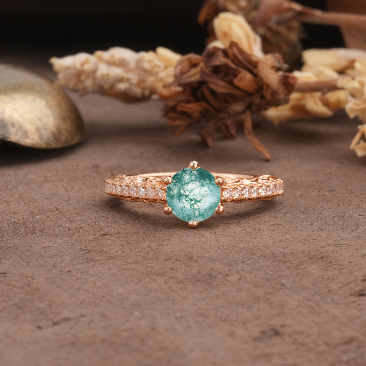 Minimalist Pavé 6-Prong Round Cut Moss Agate Engagement Ring - Additional view