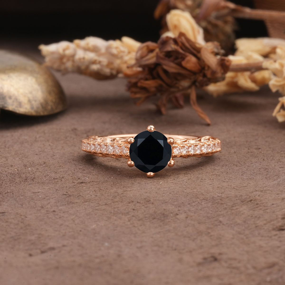 Minimalist Pavé 6-Prong Round Cut Black Onyx Engagement Ring - Additional view