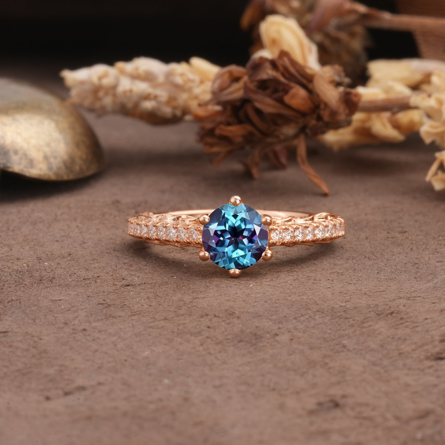Minimalist Pavé 6-Prong Round Cut Alexandrite Engagement Ring - Additional view