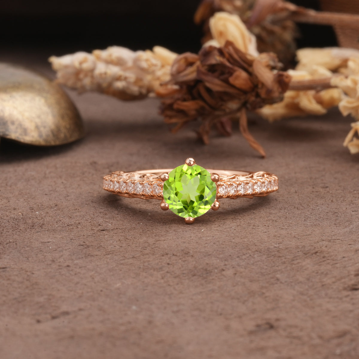 Minimalist Pavé 6-Prong Round Cut Peridot Engagement Ring - Additional view