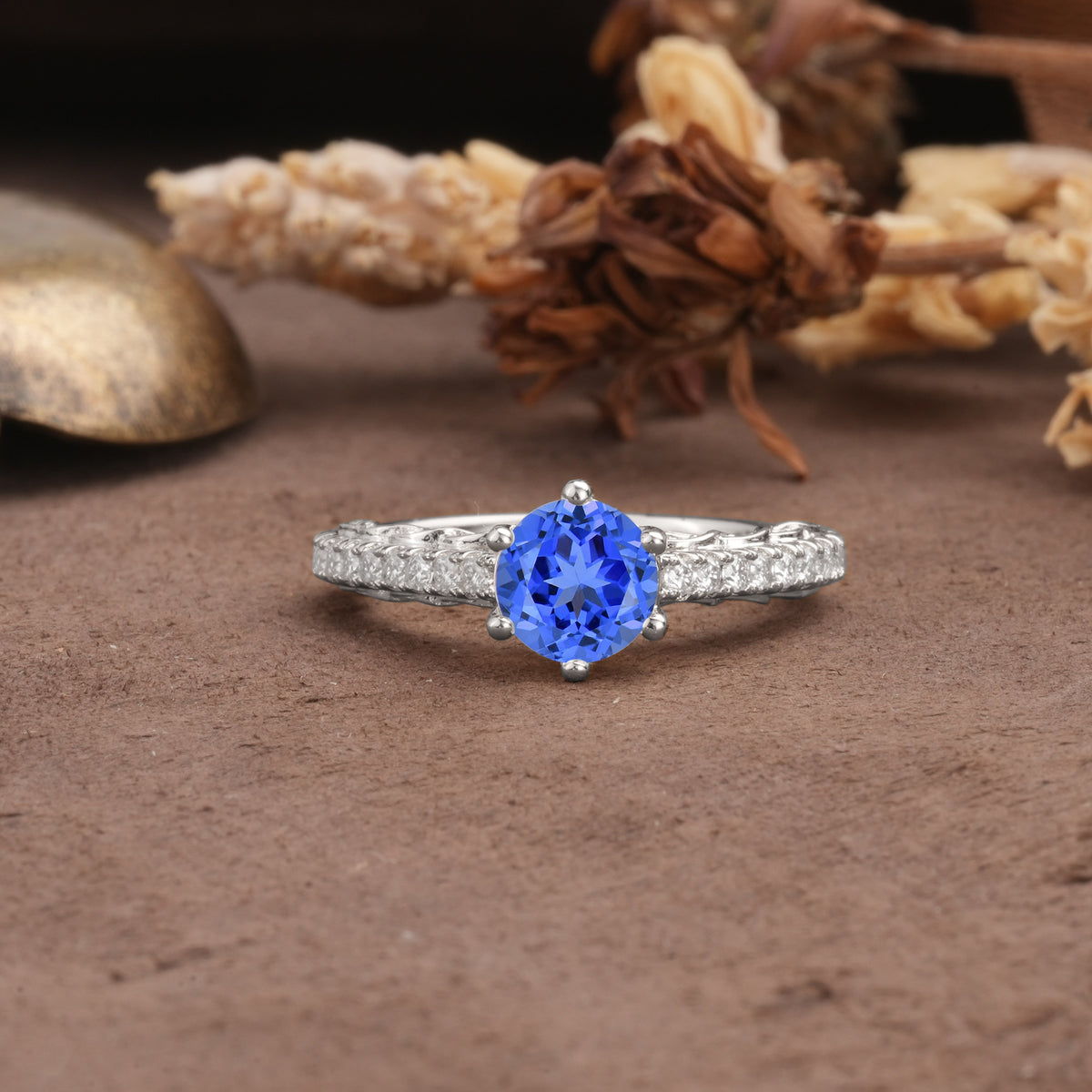Minimalist Pavé 6-Prong Round Cut Sapphire Engagement Ring - Additional view