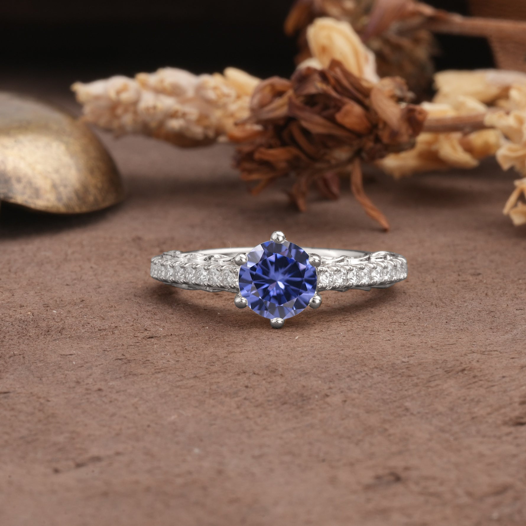 Minimalist Pavé 6-Prong Round Cut Tanzanite Engagement Ring - Additional view