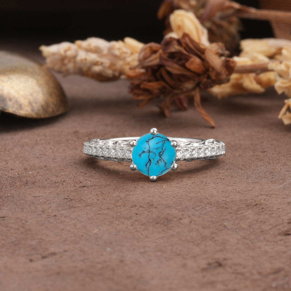 Minimalist Pavé 6-Prong Round Cut Turquoise Engagement Ring - Additional view