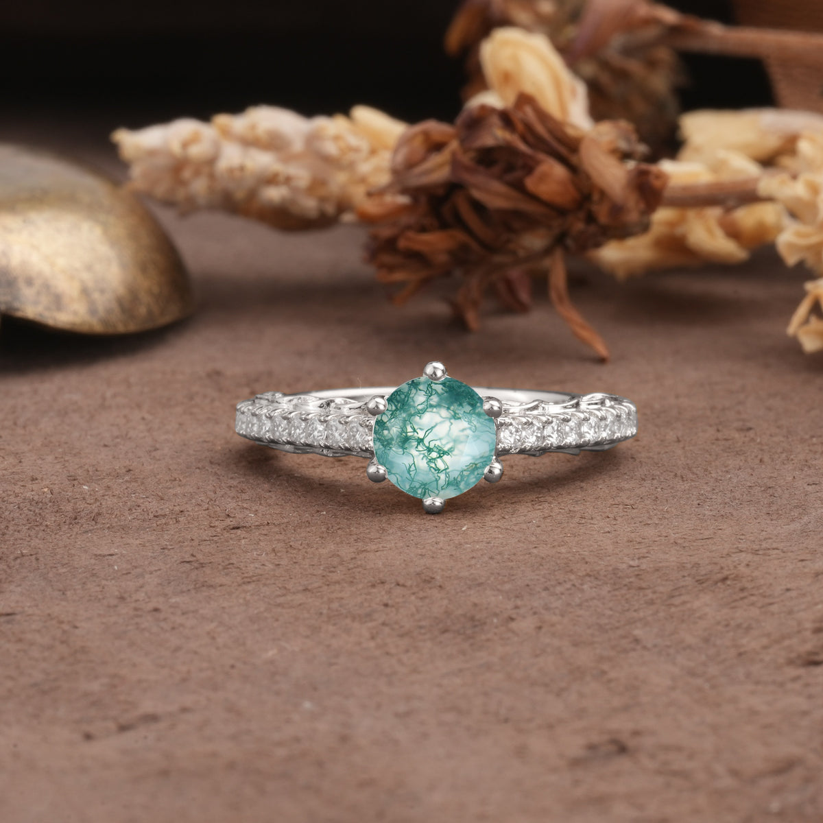 Minimalist Pavé 6-Prong Round Cut Moss Agate Engagement Ring - Additional view