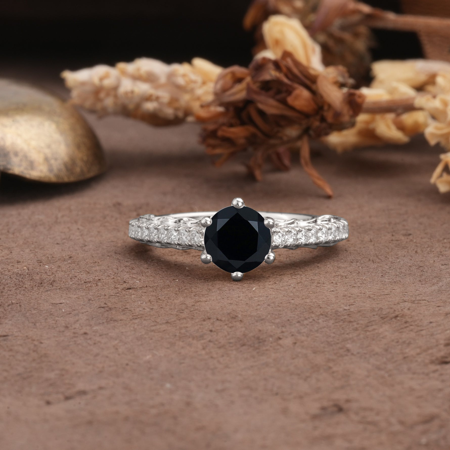 Minimalist Pavé 6-Prong Round Cut Black Onyx Engagement Ring - Additional view