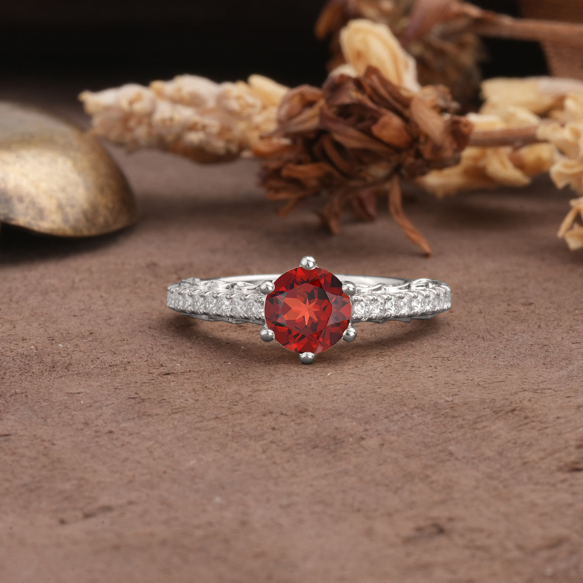 Minimalist Pavé 6-Prong Round Cut Garnet Engagement Ring - Additional view