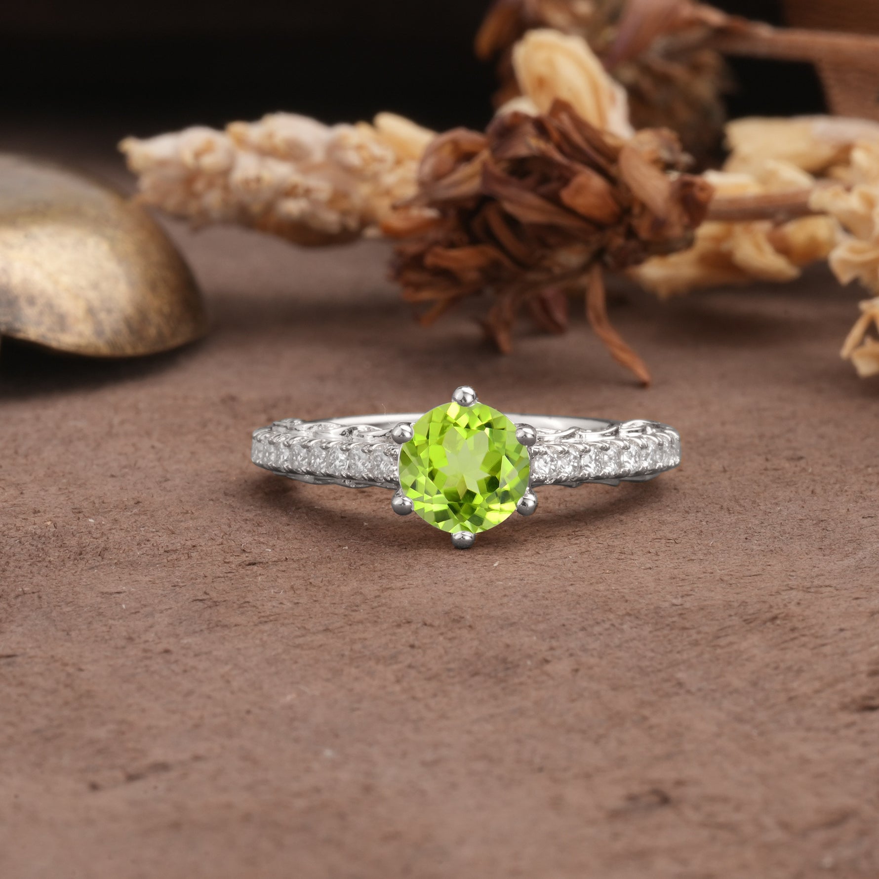 Minimalist Pavé 6-Prong Round Cut Peridot Engagement Ring - Additional view