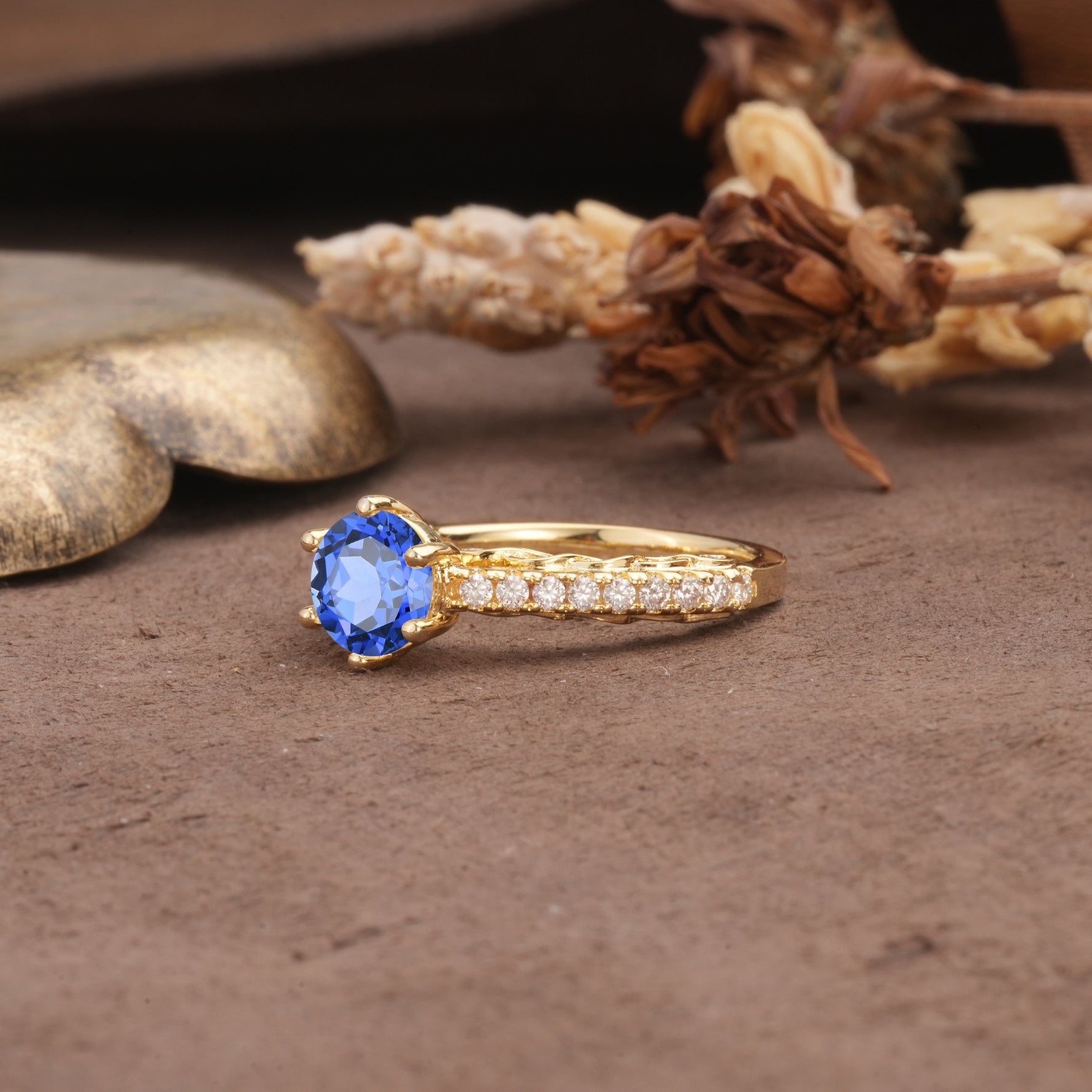 Minimalist Pavé 6-Prong Round Cut Sapphire Engagement Ring - Additional view