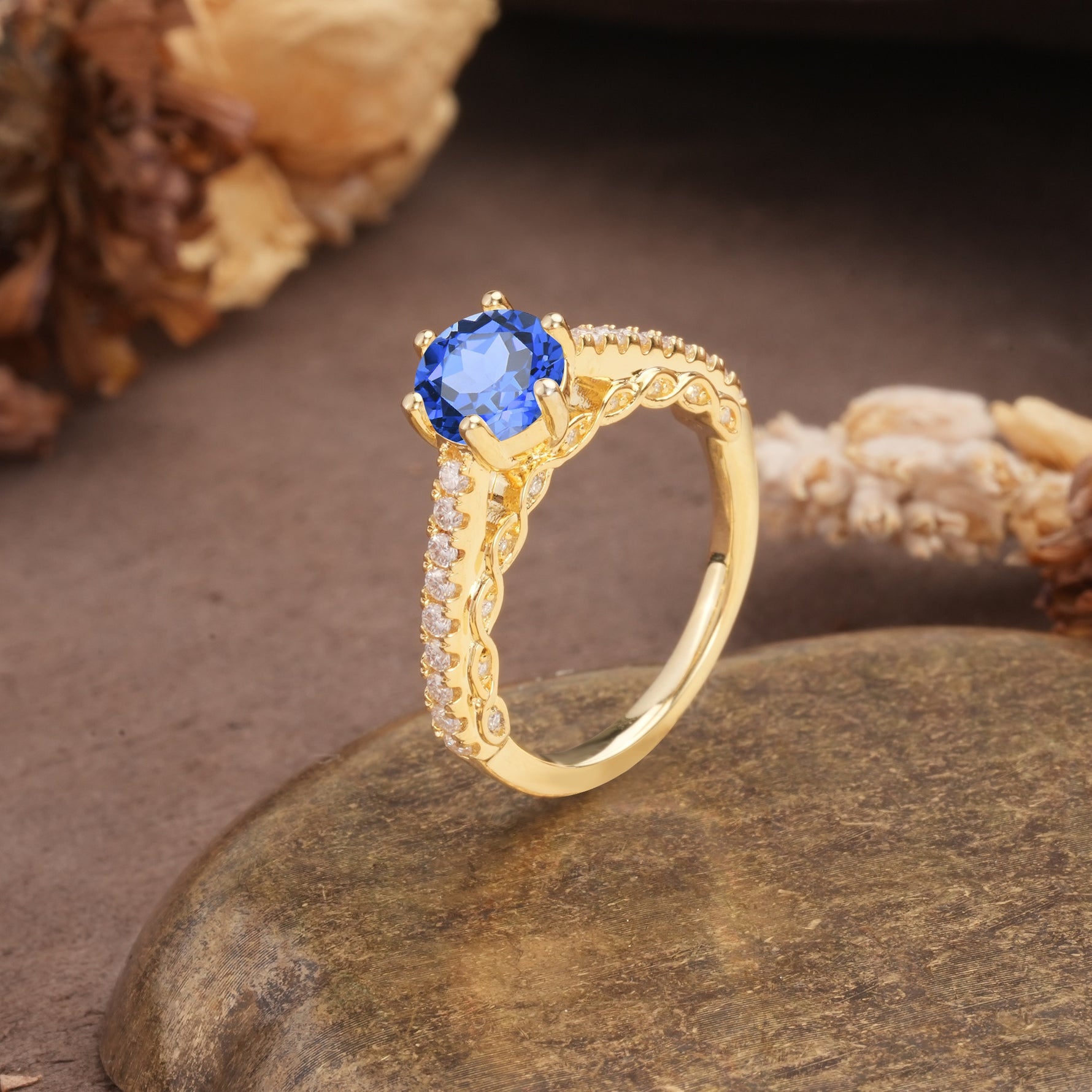 Minimalist Pavé 6-Prong Round Cut Sapphire Engagement Ring - Additional view