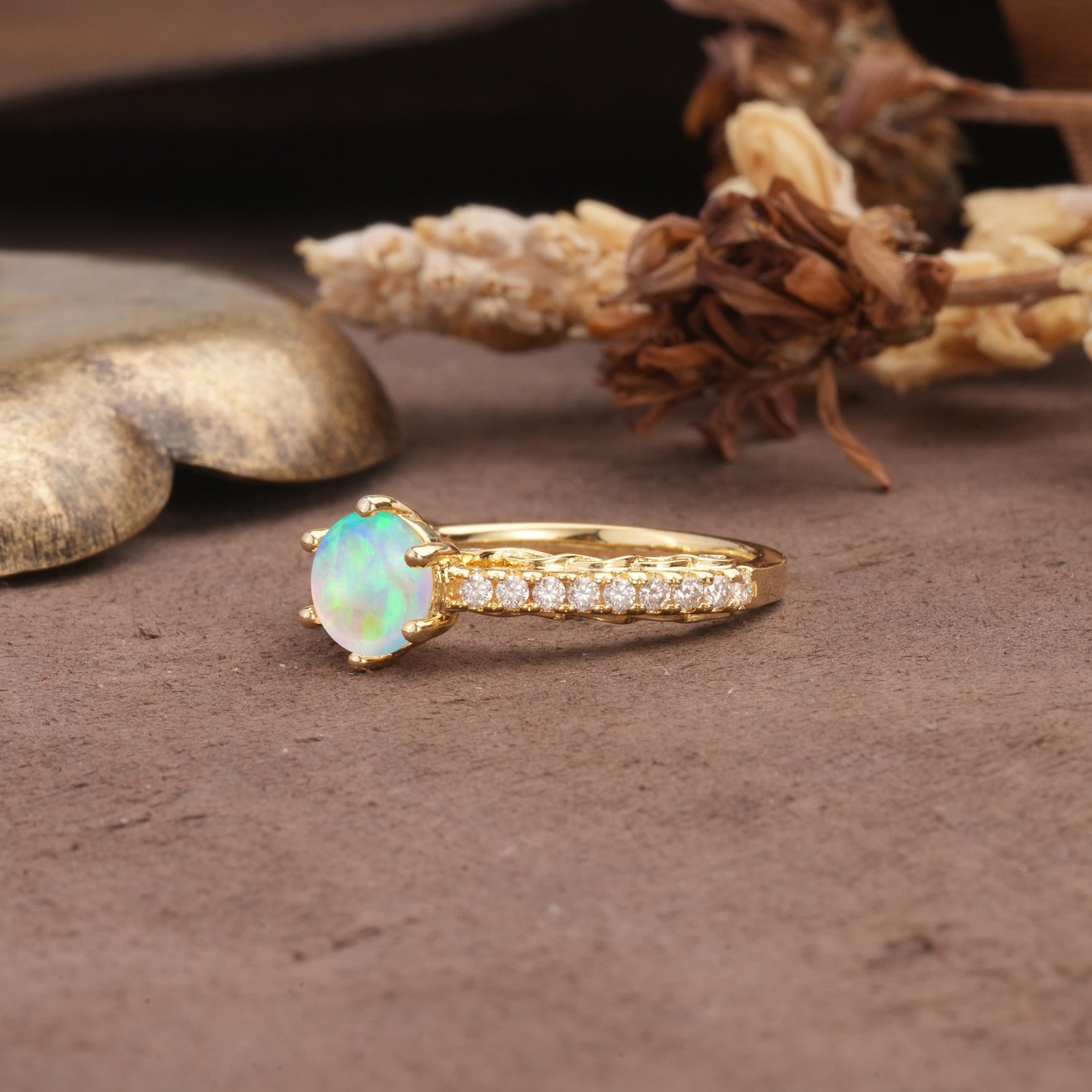 Minimalist Pavé 6-Prong Round Cut Fire Opal Engagement Ring - Additional view