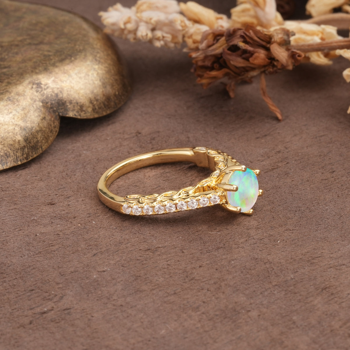 Minimalist Pavé 6-Prong Round Cut Fire Opal Engagement Ring - Additional view