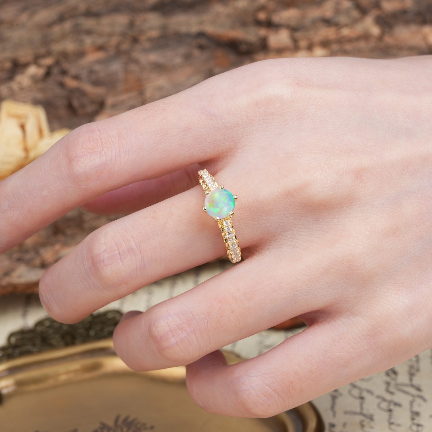 Minimalist Pavé 6-Prong Round Cut Fire Opal Engagement Ring - Additional view