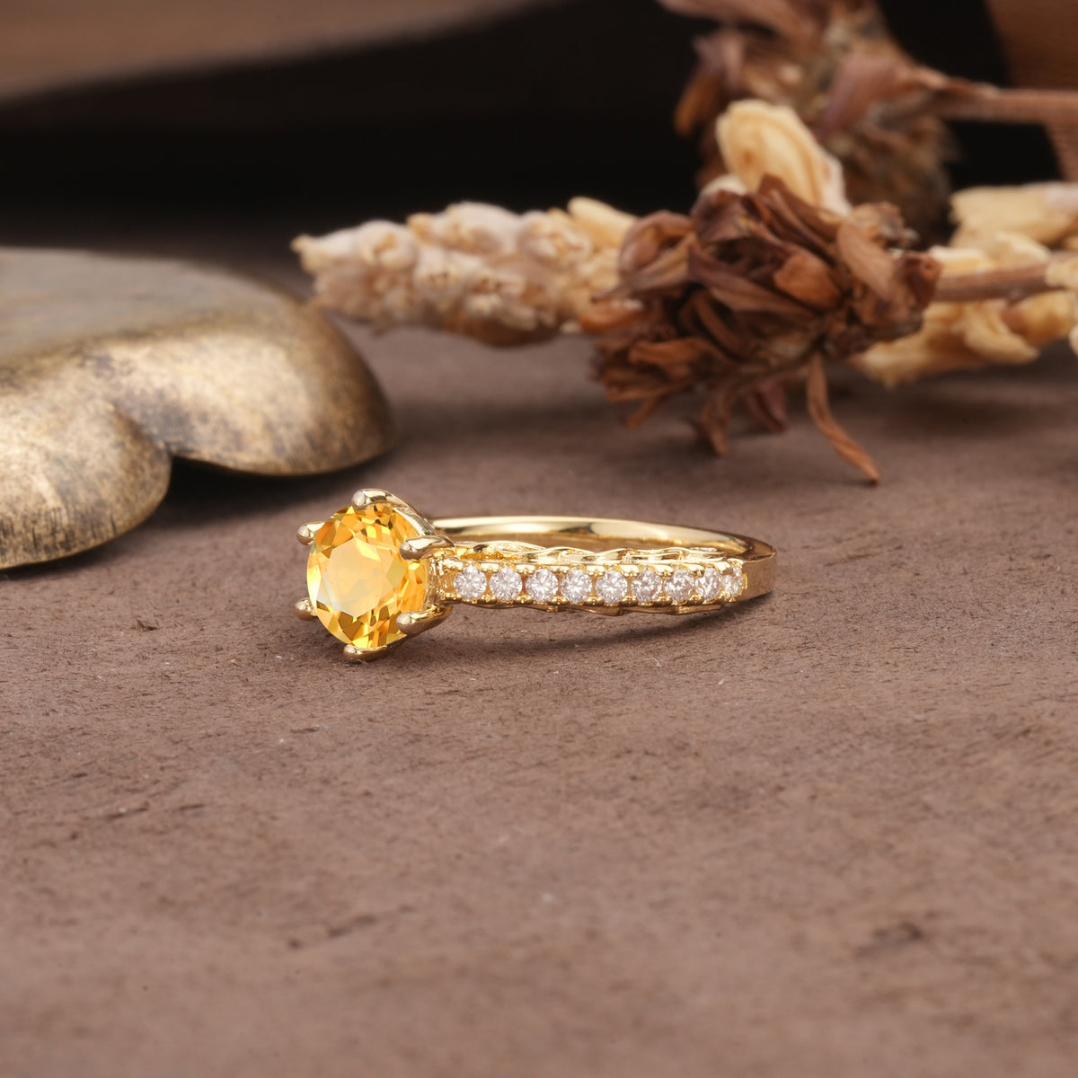 Minimalist Pavé 6-Prong Round Cut Citrine Engagement Ring - Additional view