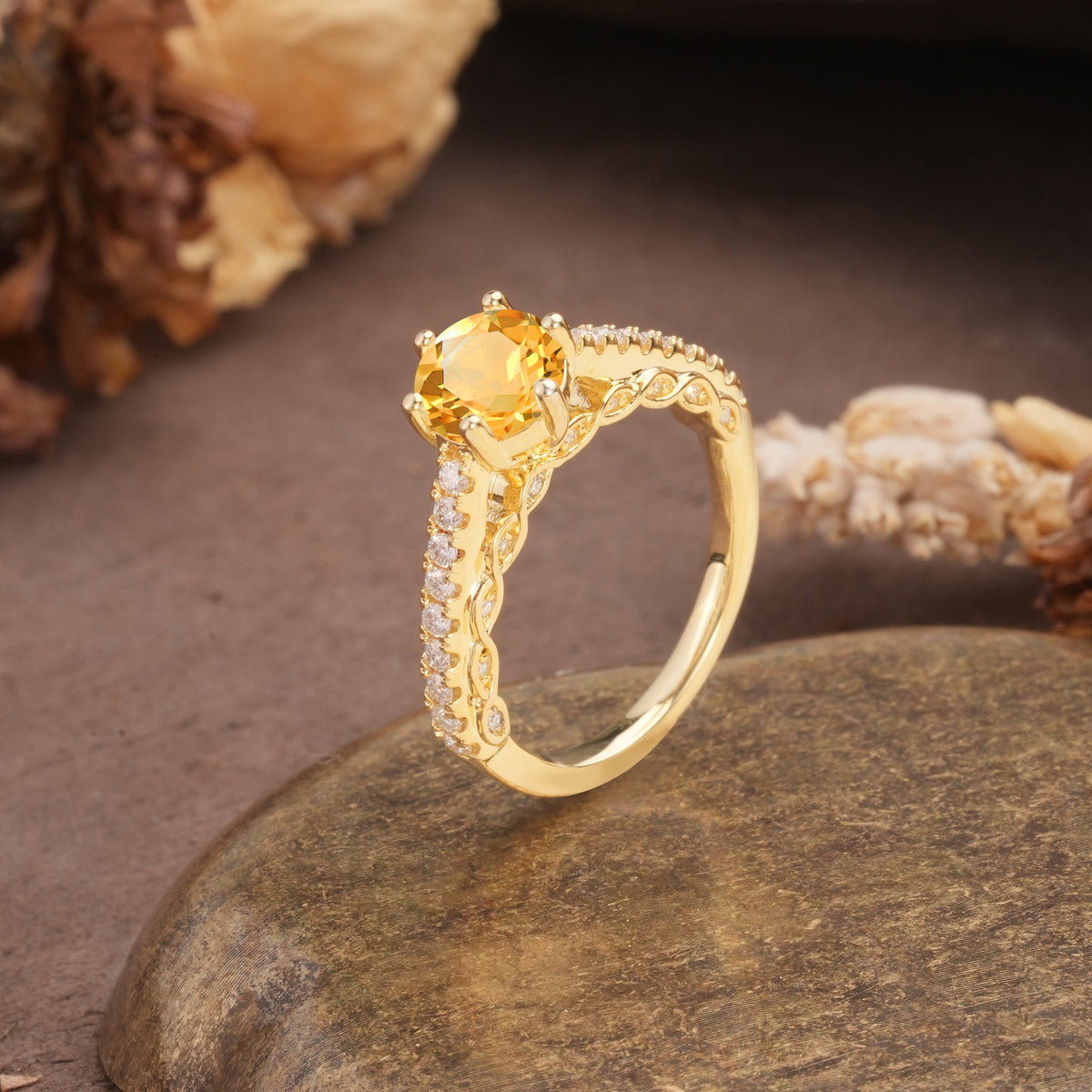 Minimalist Pavé 6-Prong Round Cut Citrine Engagement Ring - Additional view