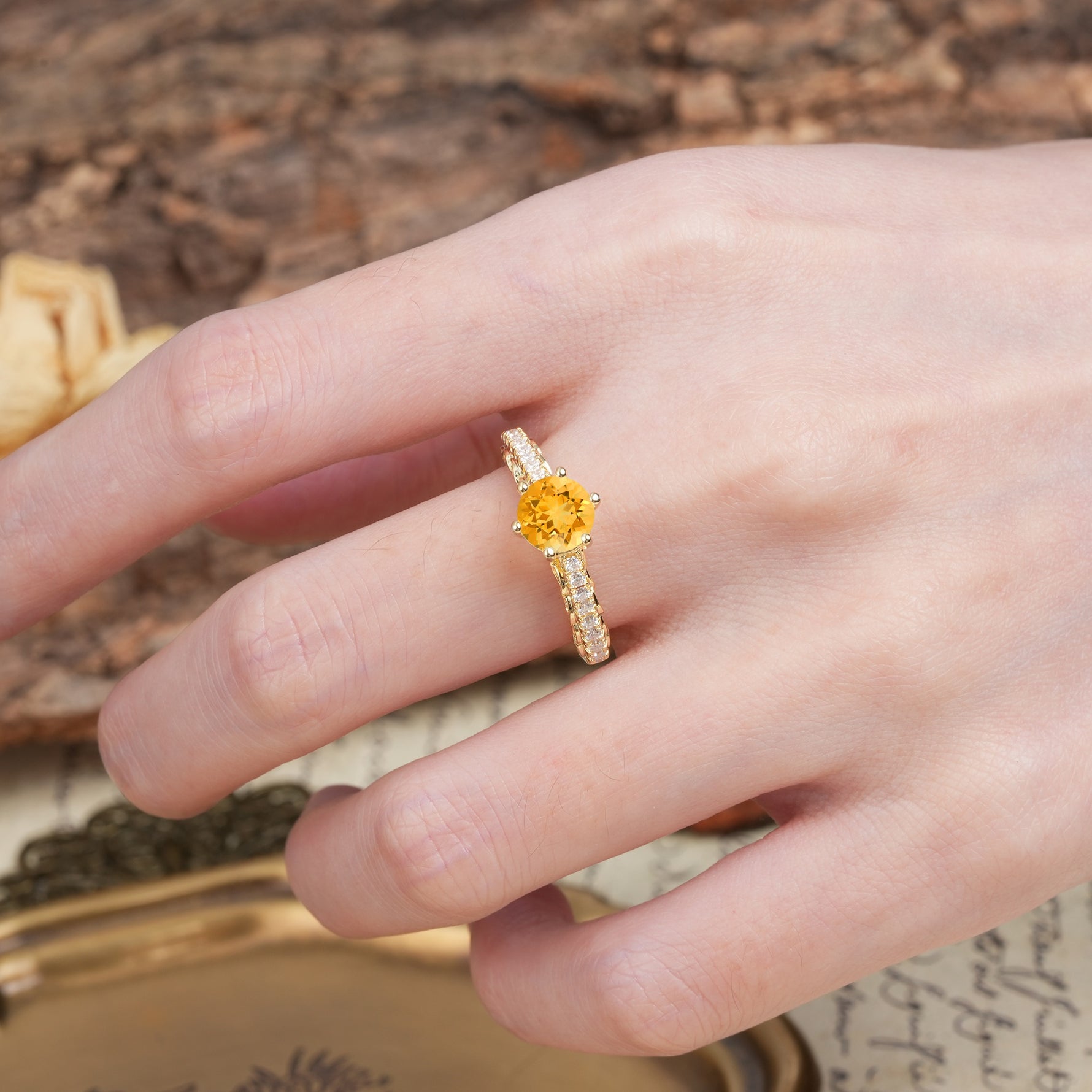 Minimalist Pavé 6-Prong Round Cut Citrine Engagement Ring - Additional view