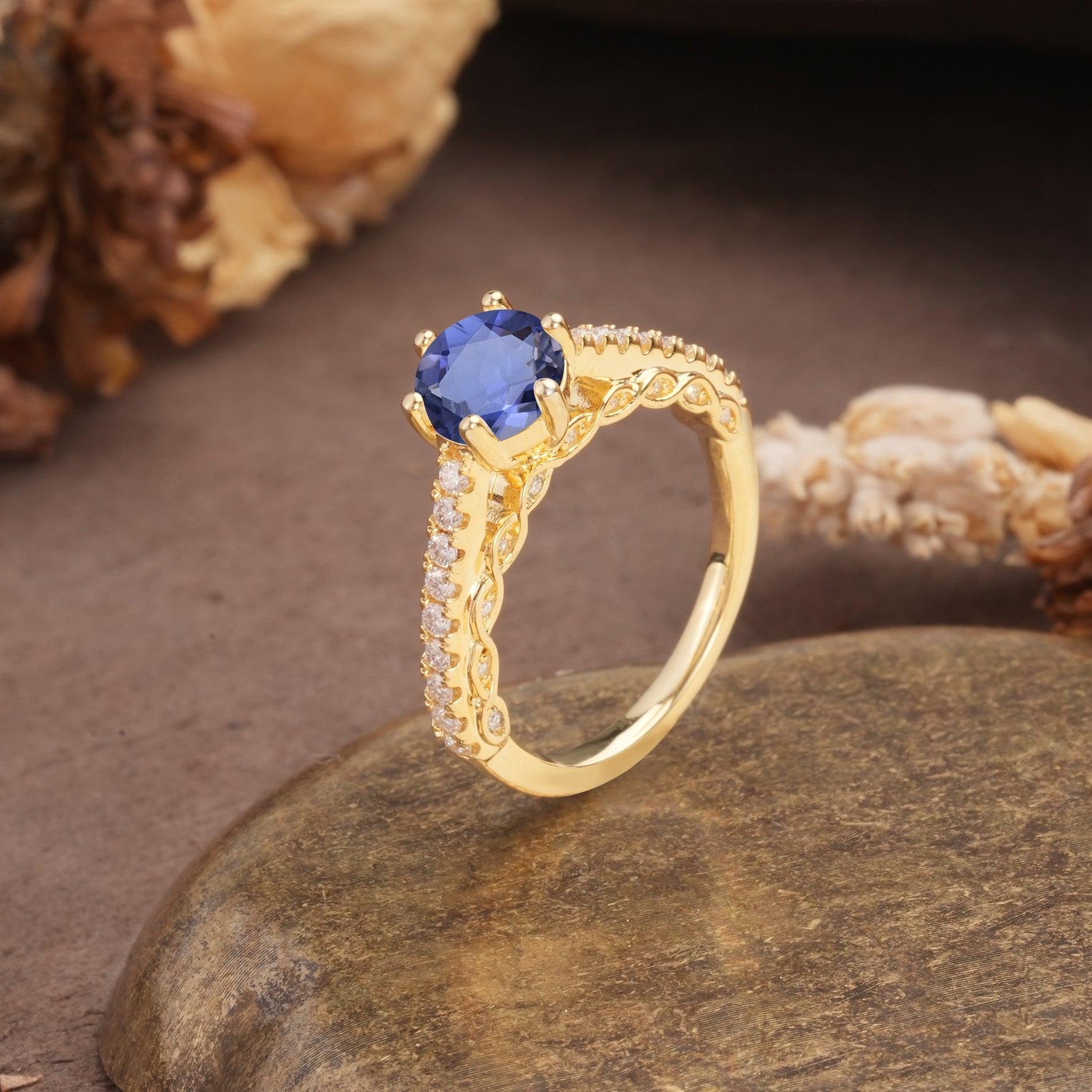Minimalist Pavé 6-Prong Round Cut Tanzanite Engagement Ring - Additional view