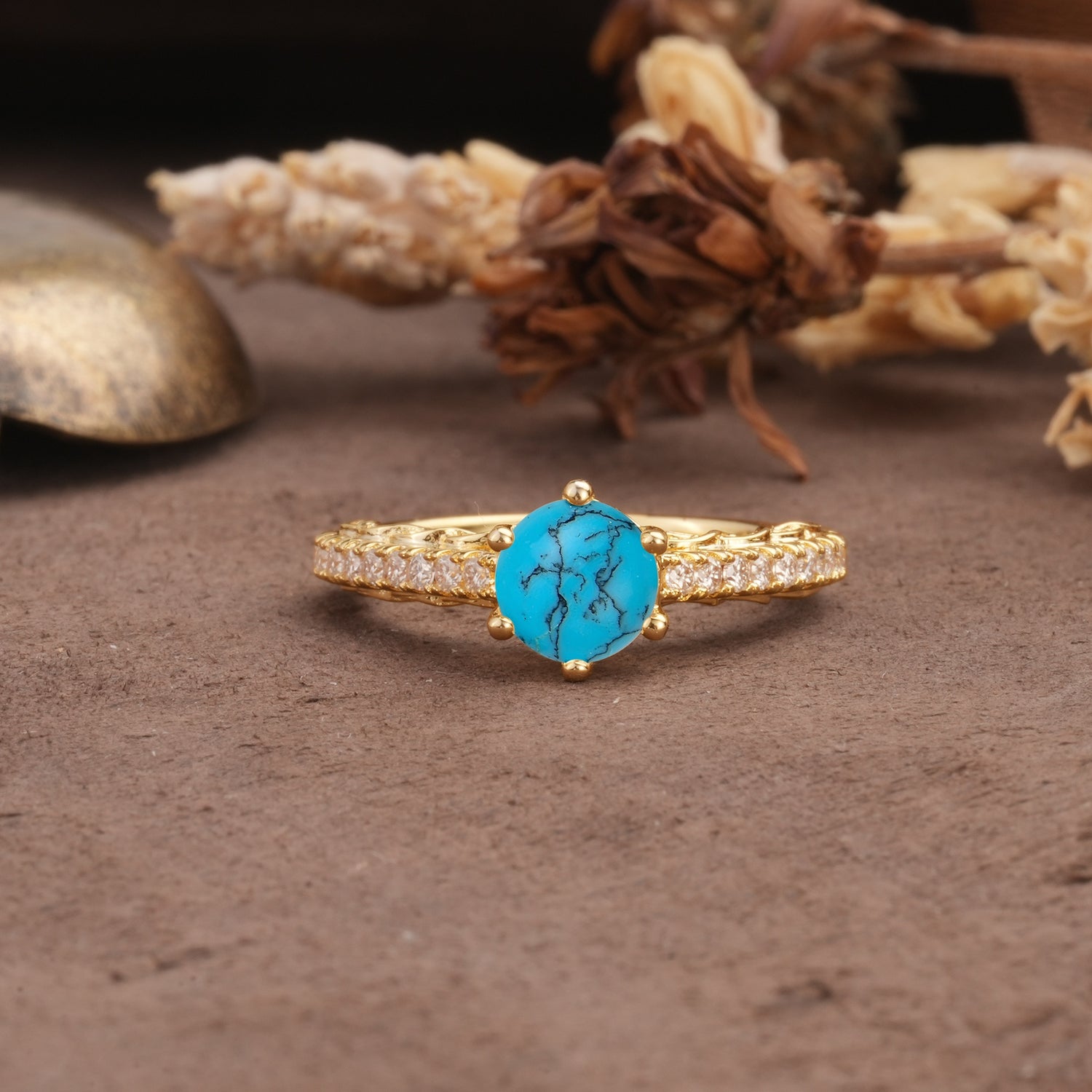Minimalist Pavé 6-Prong Round Cut Turquoise Engagement Ring - Additional view