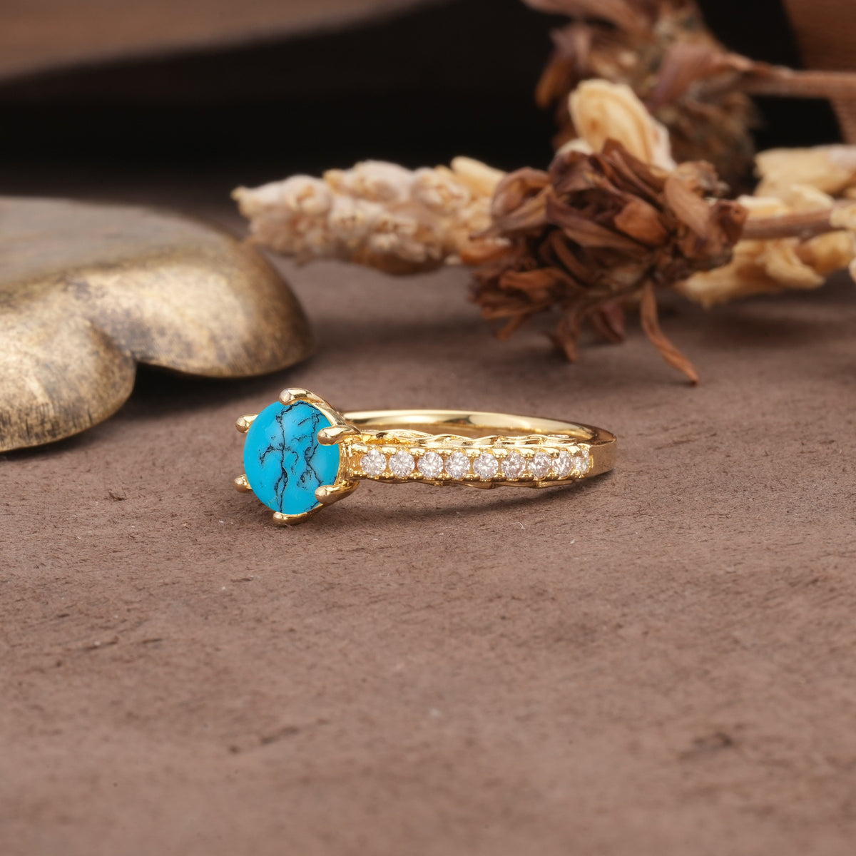 Minimalist Pavé 6-Prong Round Cut Turquoise Engagement Ring - Additional view
