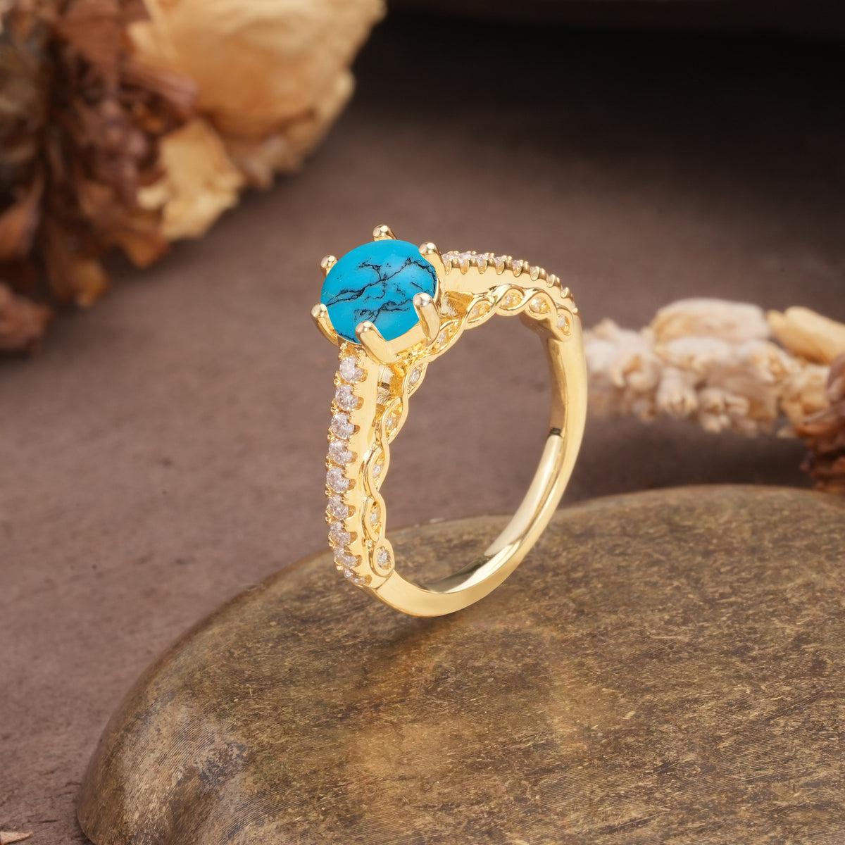 Minimalist Pavé 6-Prong Round Cut Turquoise Engagement Ring - Additional view