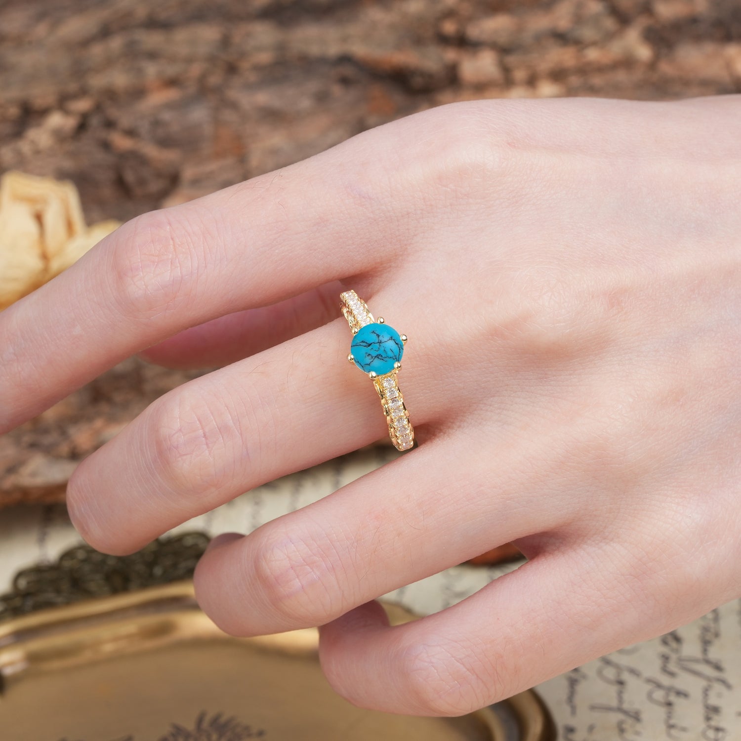 Minimalist Pavé 6-Prong Round Cut Turquoise Engagement Ring - Additional view