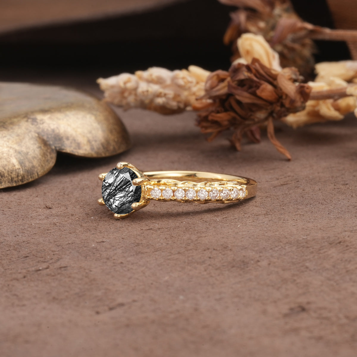 Minimalist Pavé 6-Prong Round Cut Black Rutilated Quartz Engagement Ring - Additional view