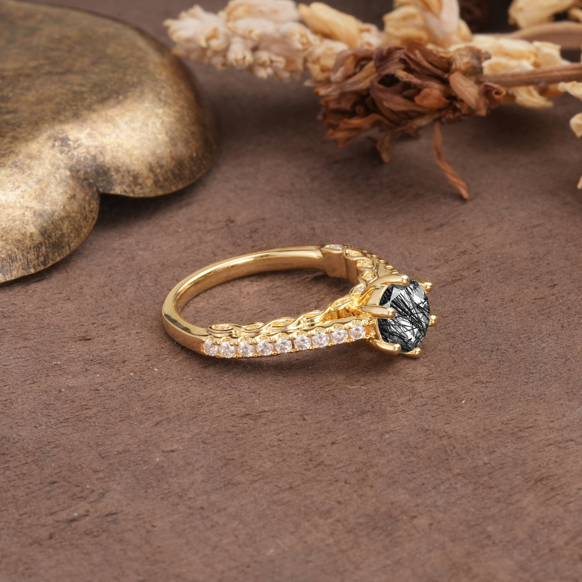 Minimalist Pavé 6-Prong Round Cut Black Rutilated Quartz Engagement Ring - Additional view