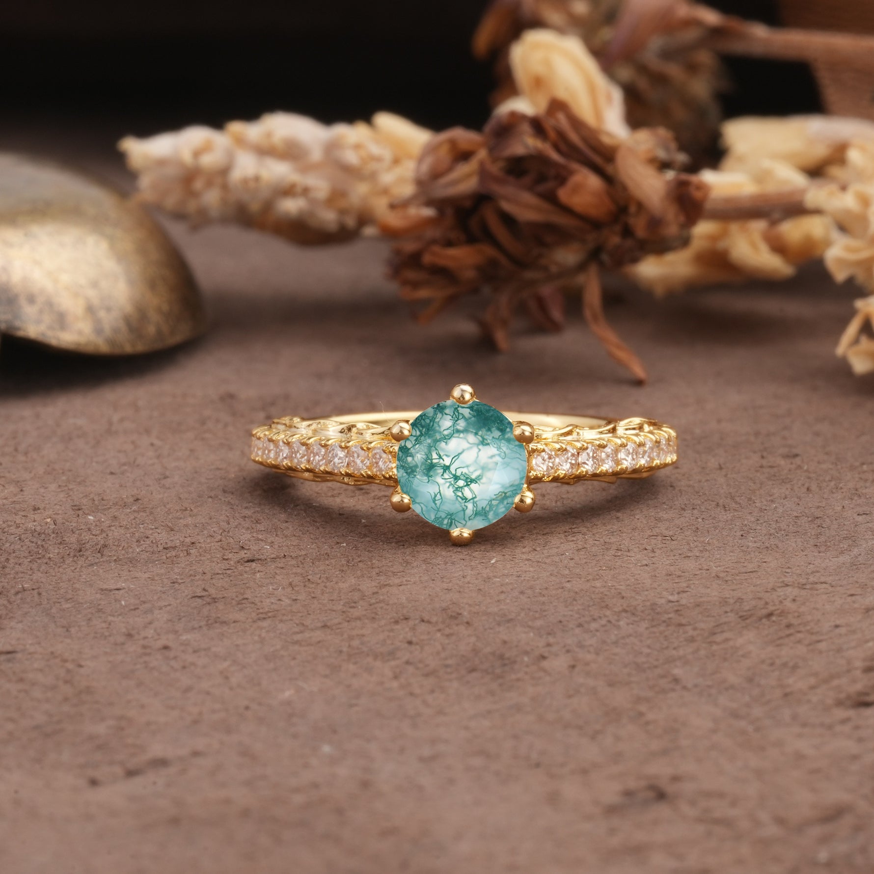 Minimalist Pavé 6-Prong Round Cut Moss Agate Engagement Ring - Additional view