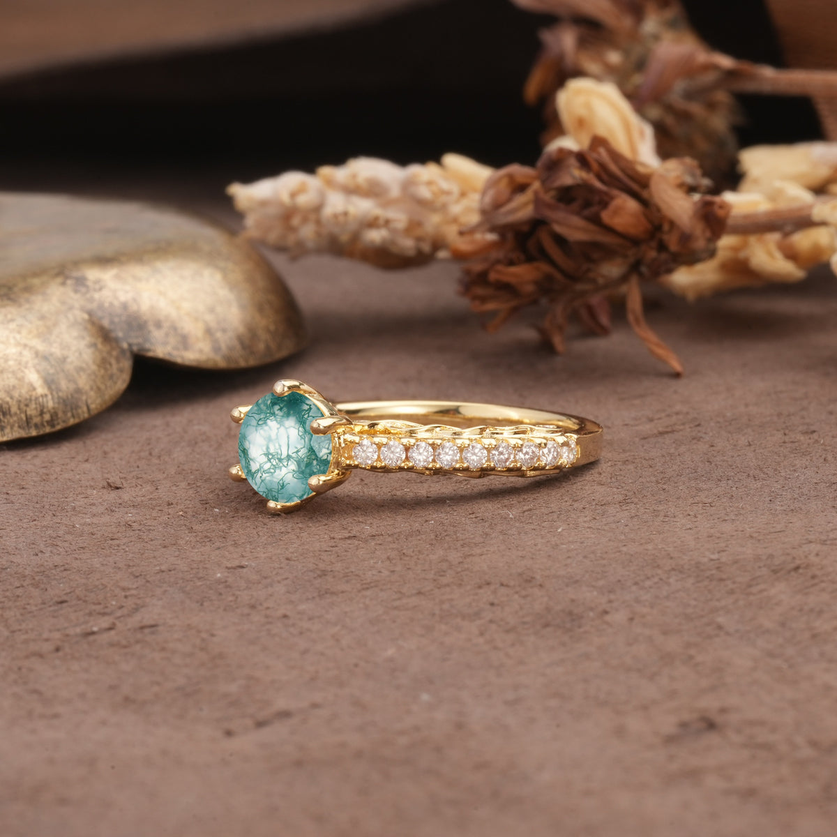 Minimalist Pavé 6-Prong Round Cut Moss Agate Engagement Ring - Additional view