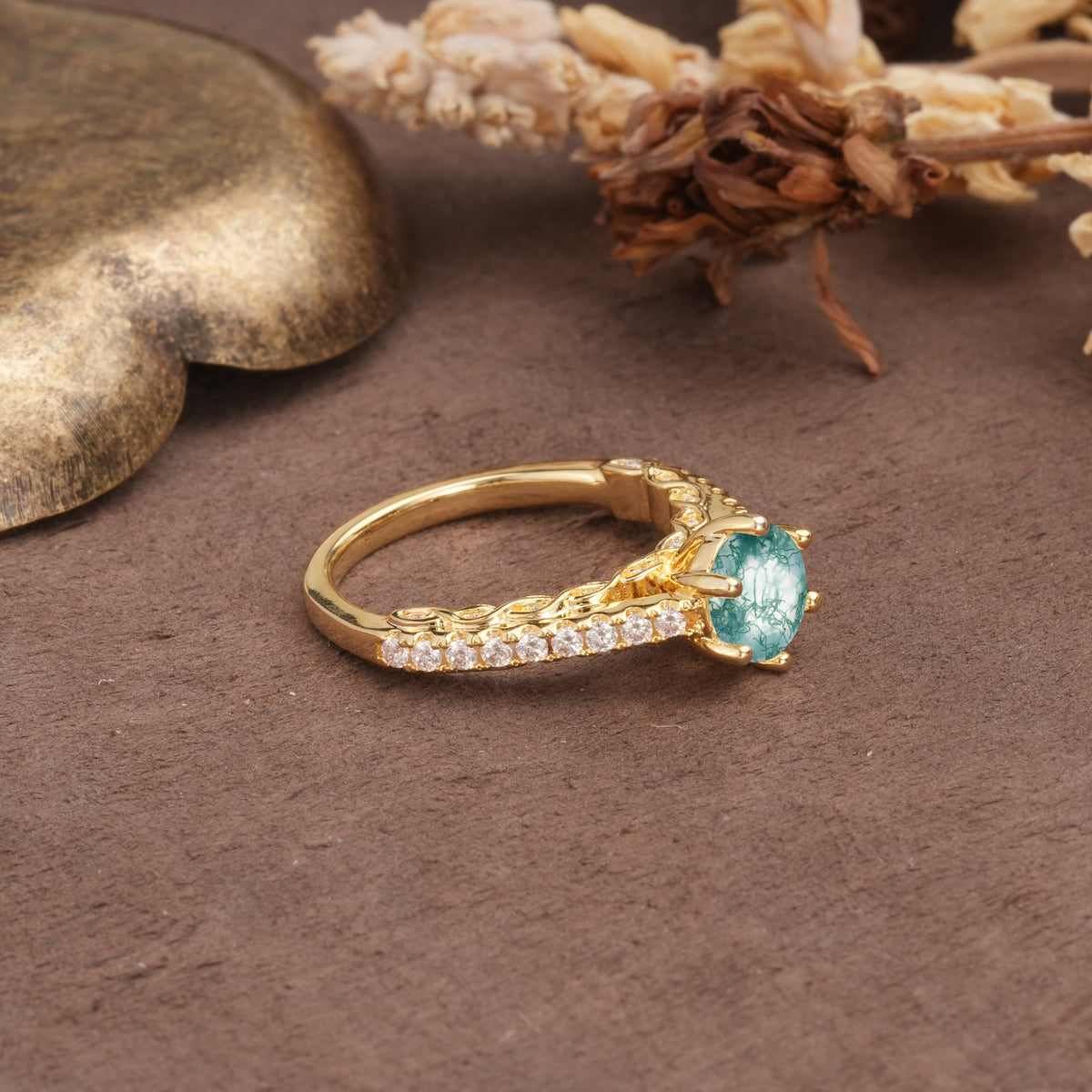 Minimalist Pavé 6-Prong Round Cut Moss Agate Engagement Ring - Additional view