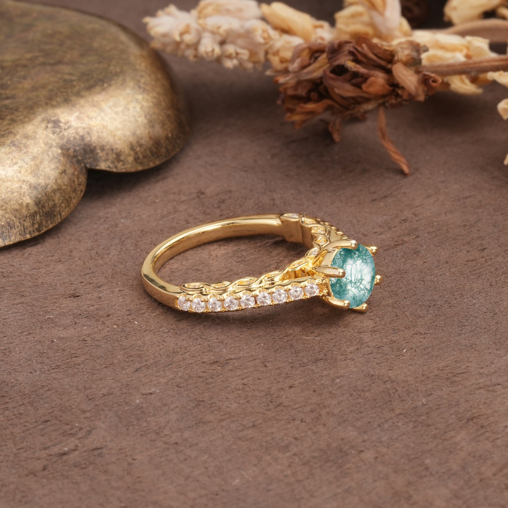 Minimalist Pavé 6-Prong Round Cut Moss Agate Engagement Ring - Additional view