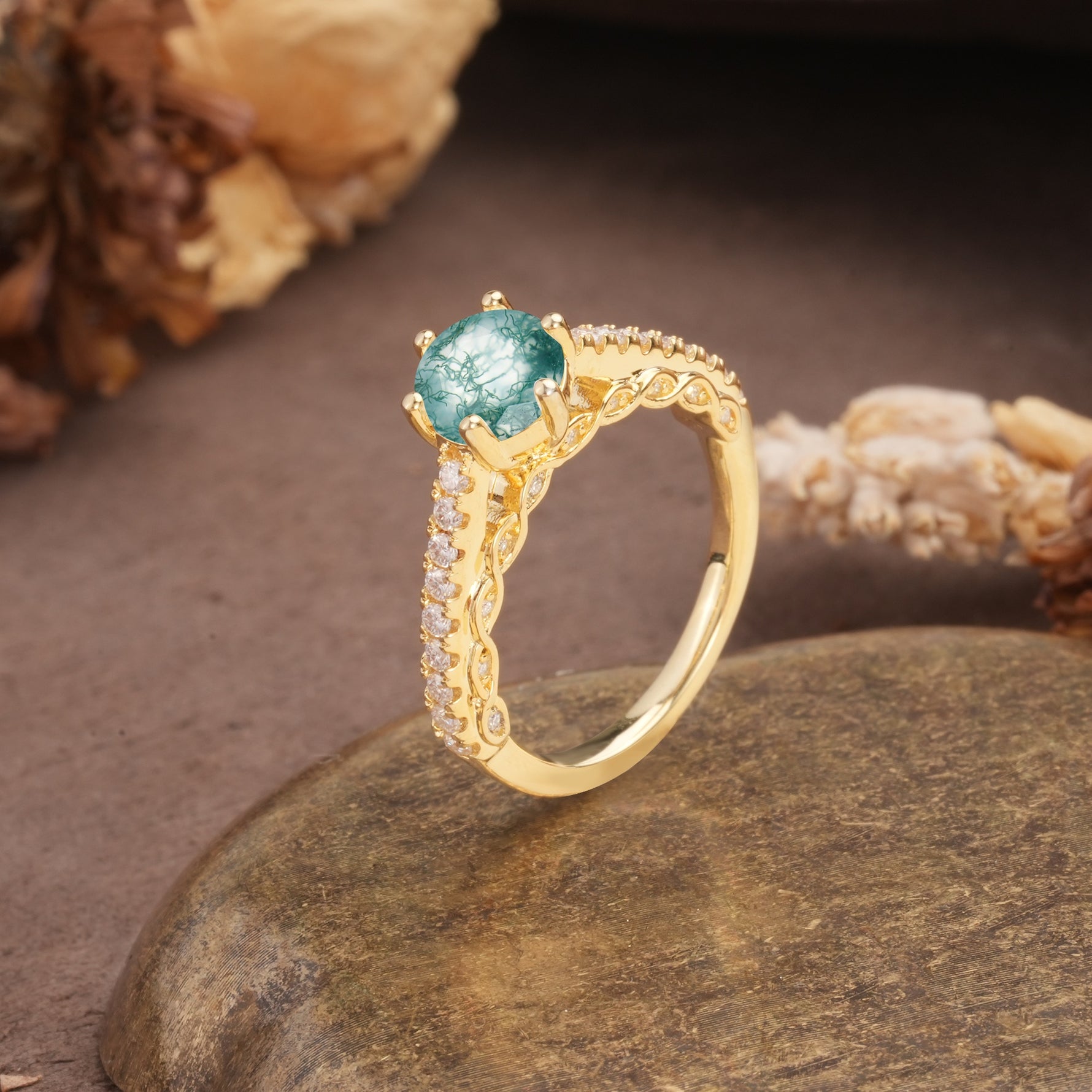 Minimalist Pavé 6-Prong Round Cut Moss Agate Engagement Ring - Additional view