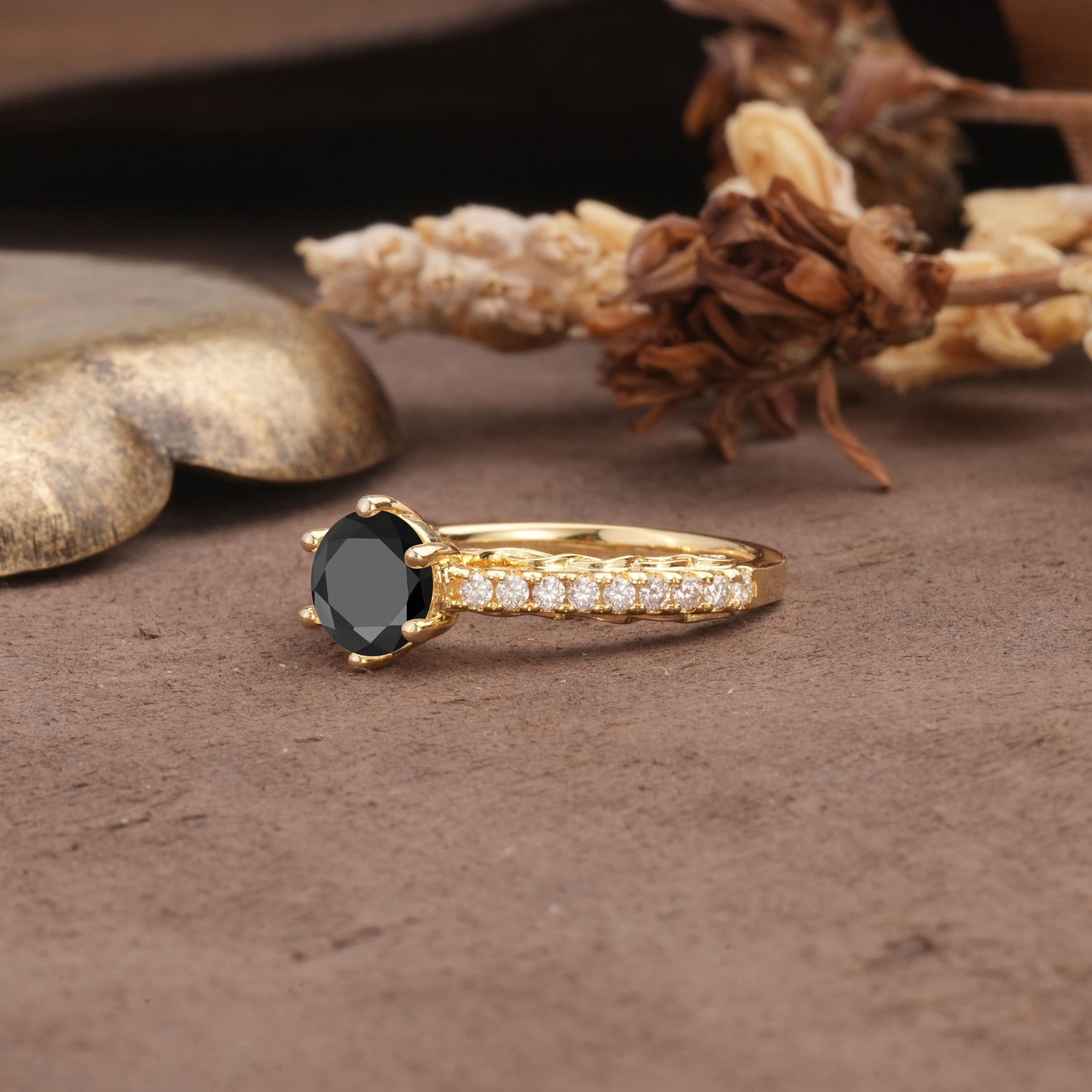 Minimalist Pavé 6-Prong Round Cut Black Onyx Engagement Ring - Additional view