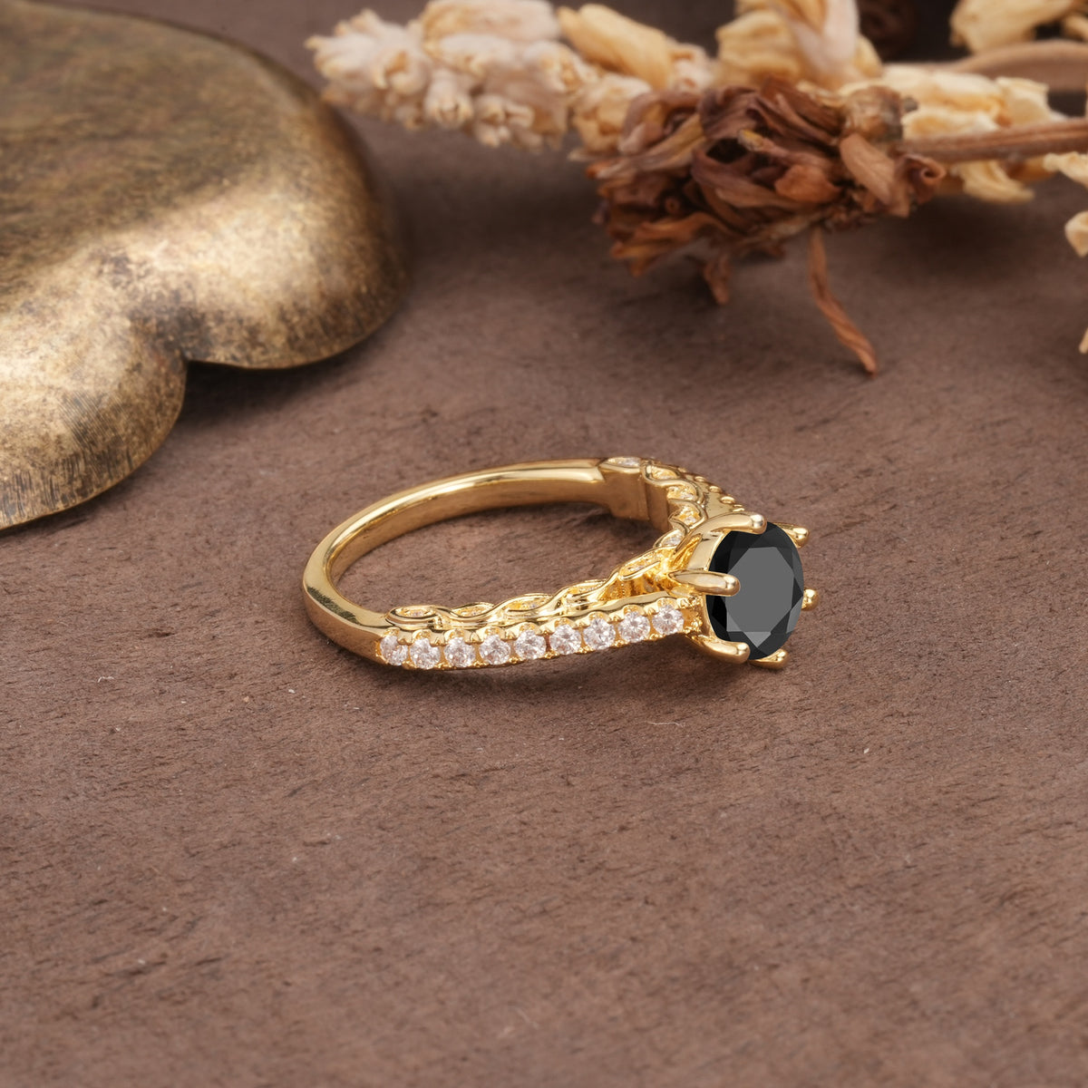 Minimalist Pavé 6-Prong Round Cut Black Onyx Engagement Ring - Additional view