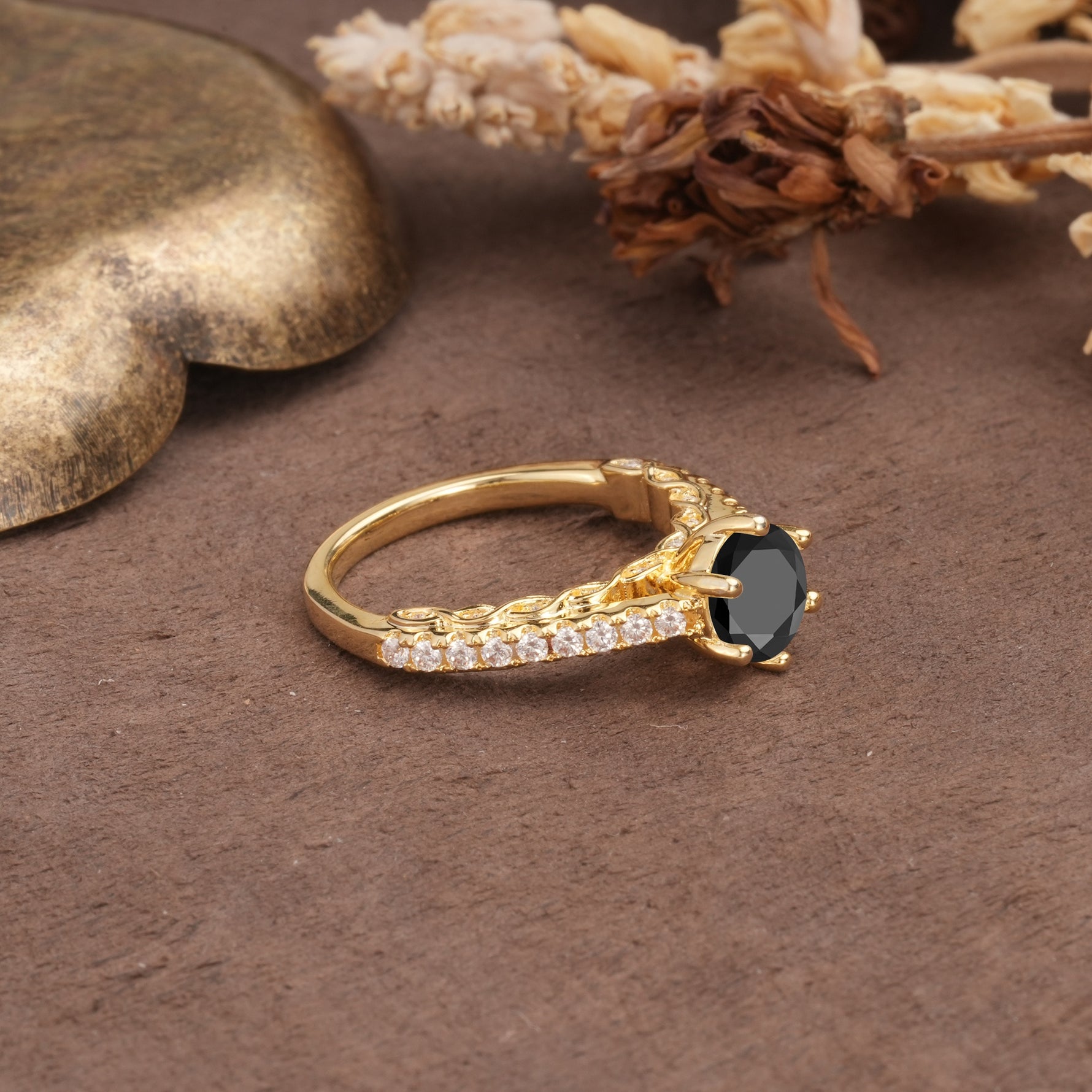 Minimalist Pavé 6-Prong Round Cut Black Onyx Engagement Ring - Additional view