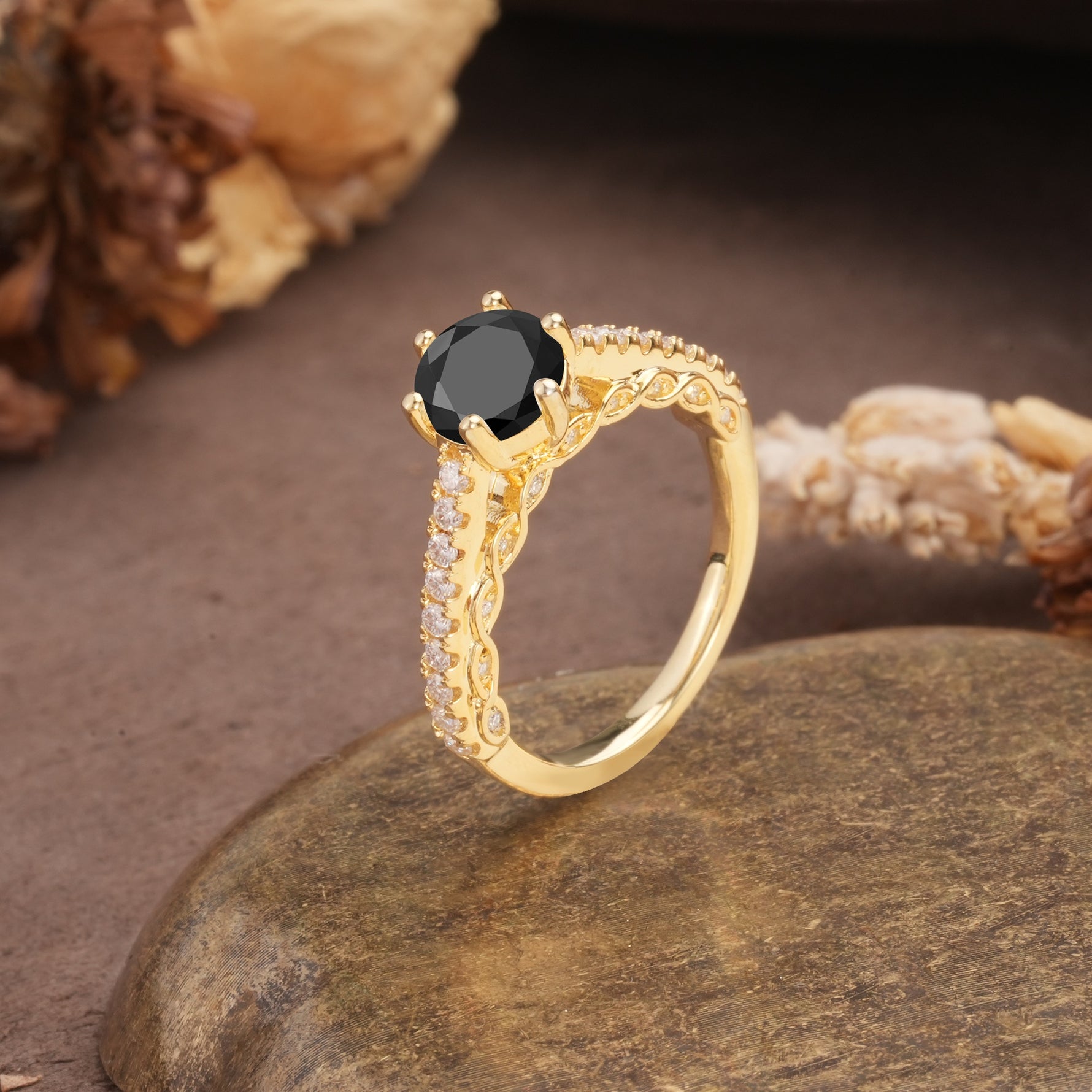 Minimalist Pavé 6-Prong Round Cut Black Onyx Engagement Ring - Additional view