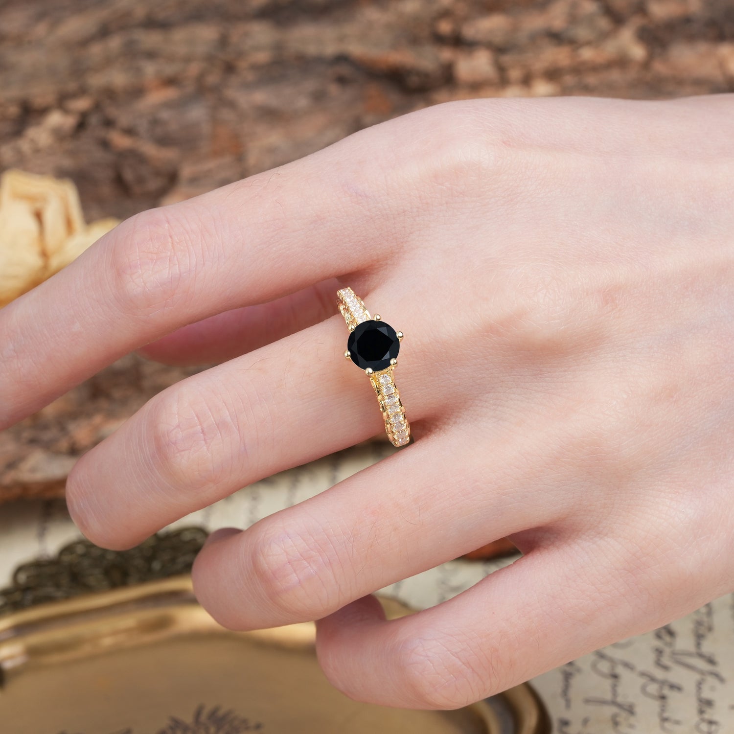 Minimalist Pavé 6-Prong Round Cut Black Onyx Engagement Ring - Additional view