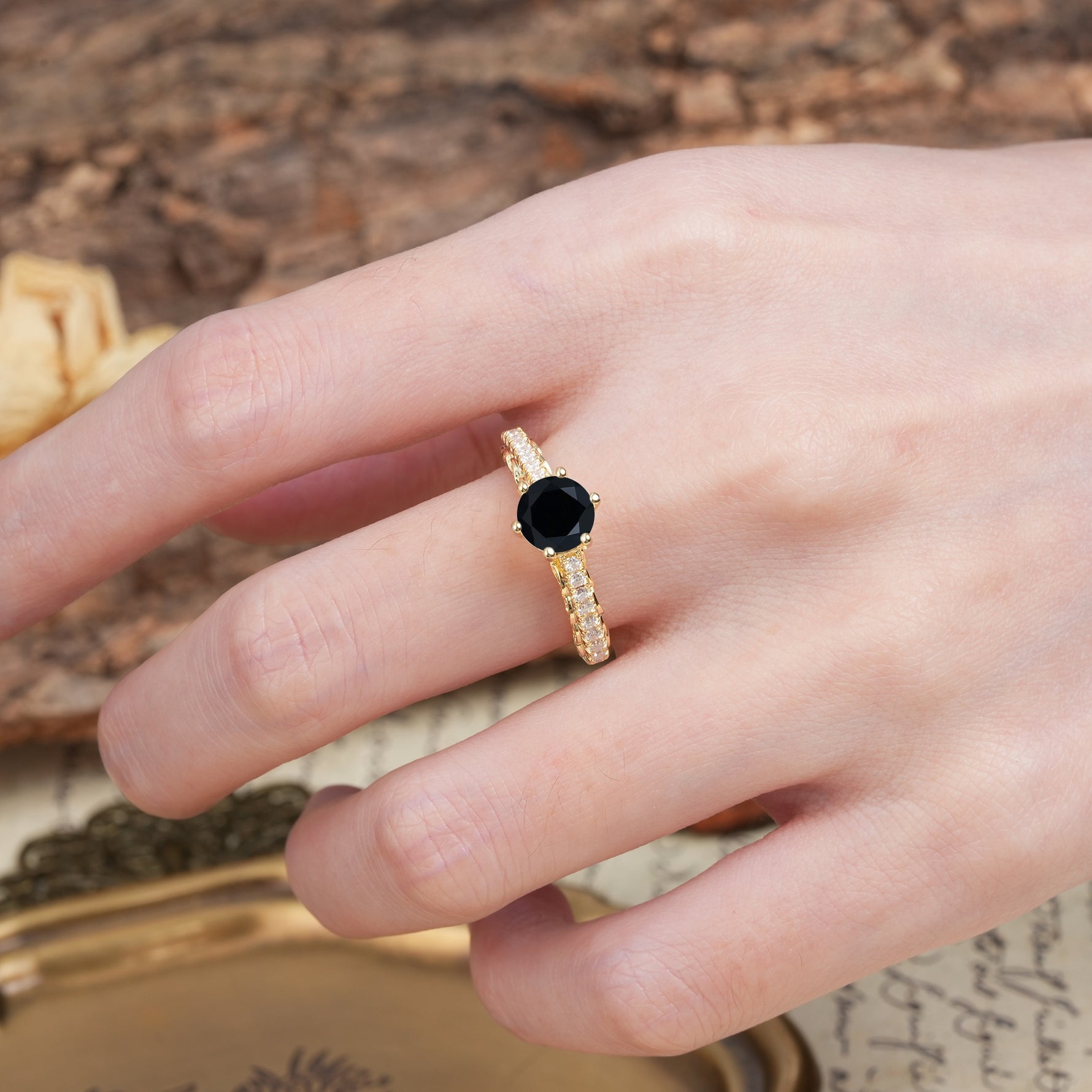 Minimalist Pavé 6-Prong Round Cut Black Onyx Engagement Ring - Additional view