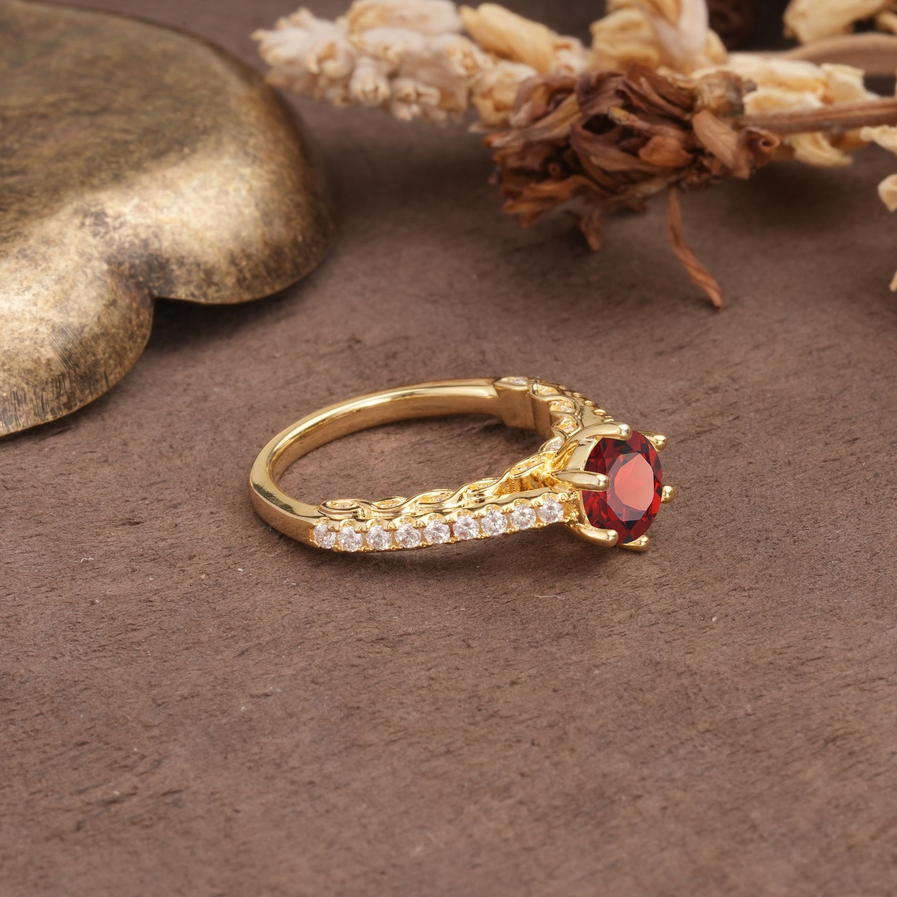 Minimalist Pavé 6-Prong Round Cut Garnet Engagement Ring - Additional view