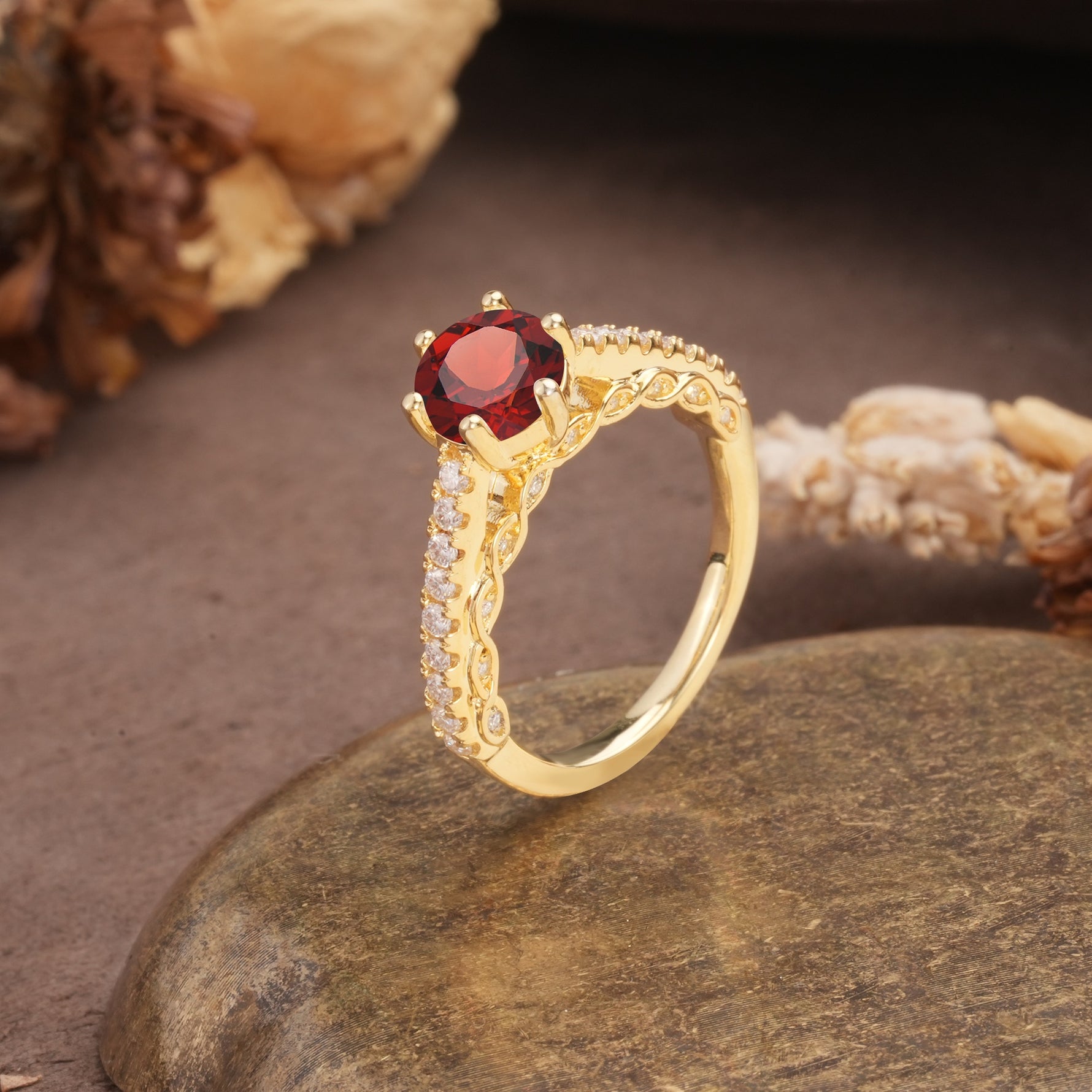 Minimalist Pavé 6-Prong Round Cut Garnet Engagement Ring - Additional view