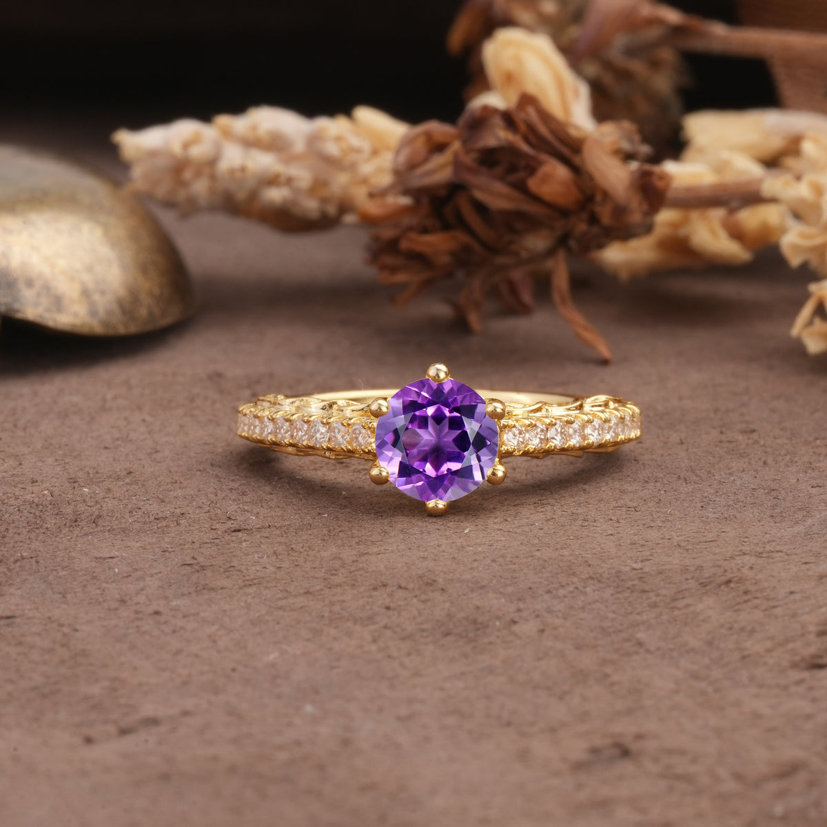 Minimalist Pavé 6-Prong Round Cut Amethyst Engagement Ring - Additional view