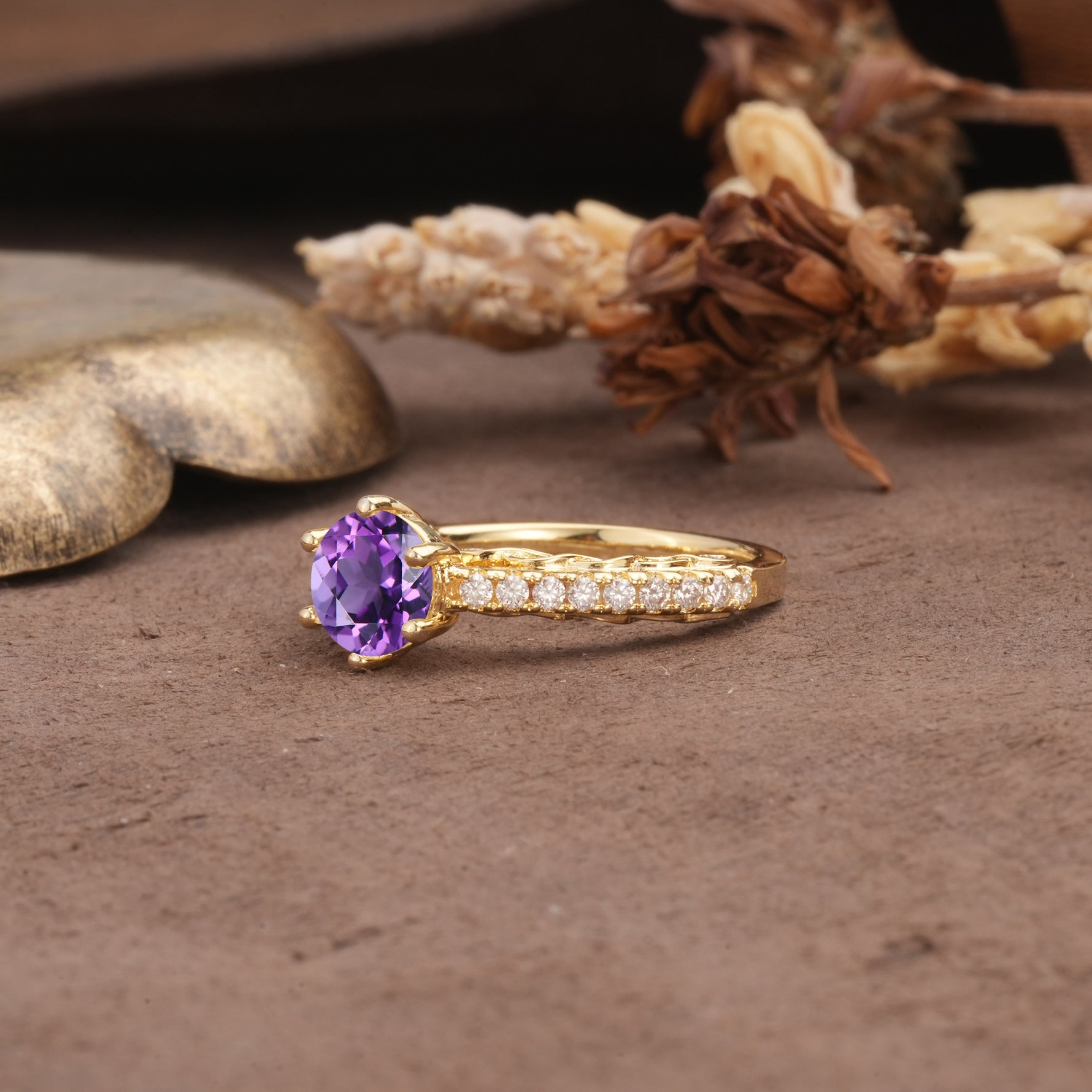 Minimalist Pavé 6-Prong Round Cut Amethyst Engagement Ring - Additional view